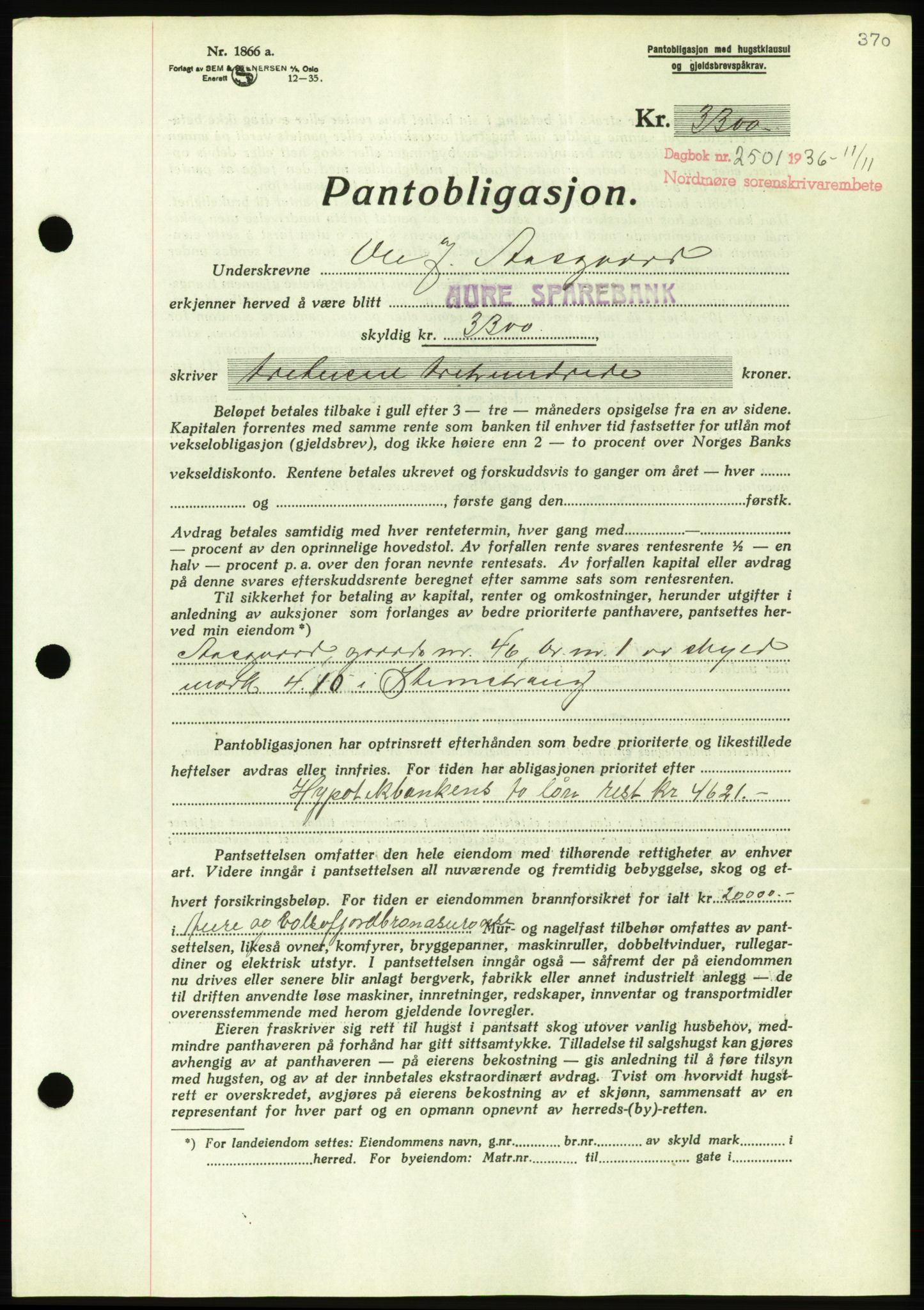 Nordmøre sorenskriveri, AV/SAT-A-4132/1/2/2Ca/L0090: Mortgage book no. B80, 1936-1937, Diary no: : 2501/1936