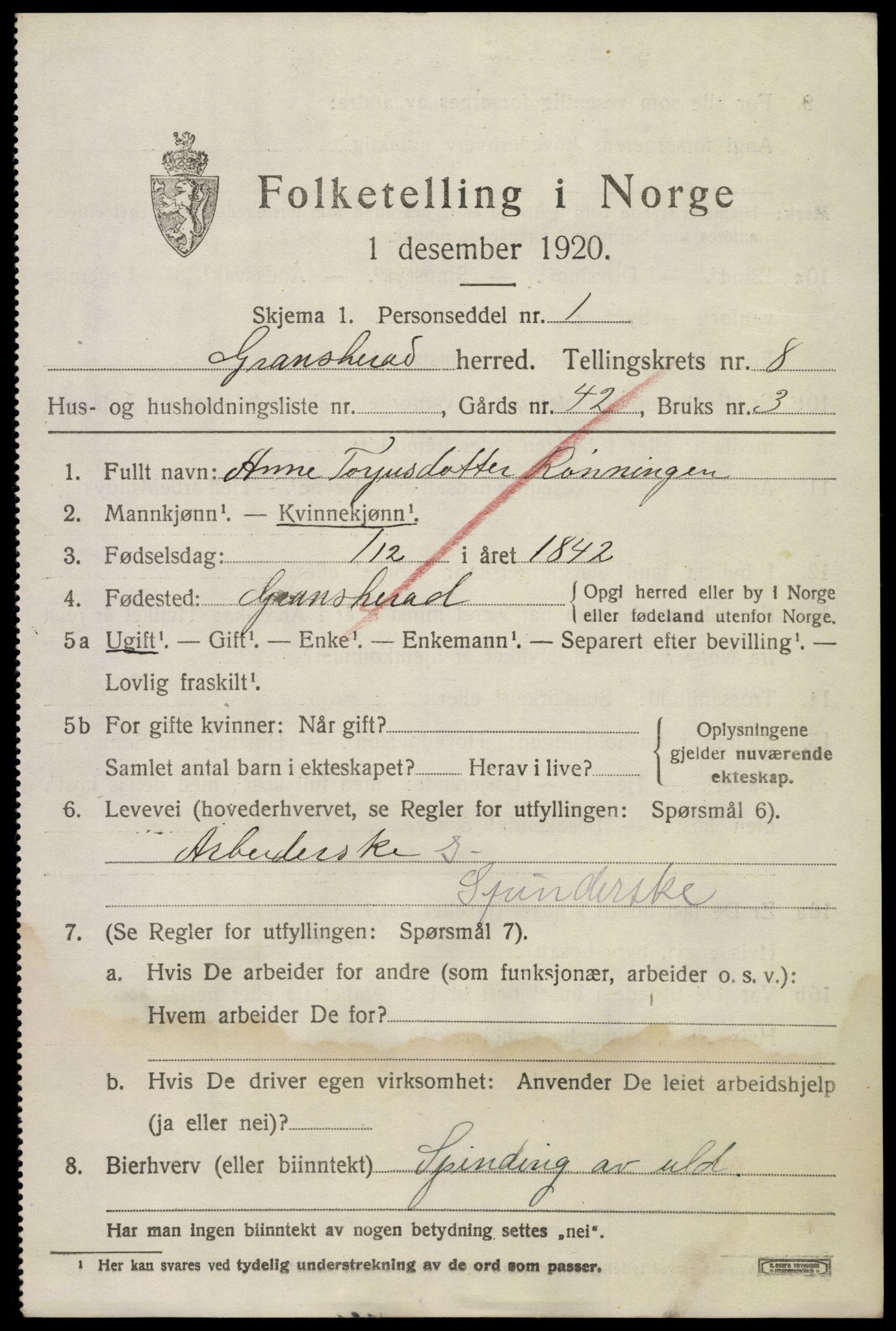 SAKO, 1920 census for Gransherad, 1920, p. 3136