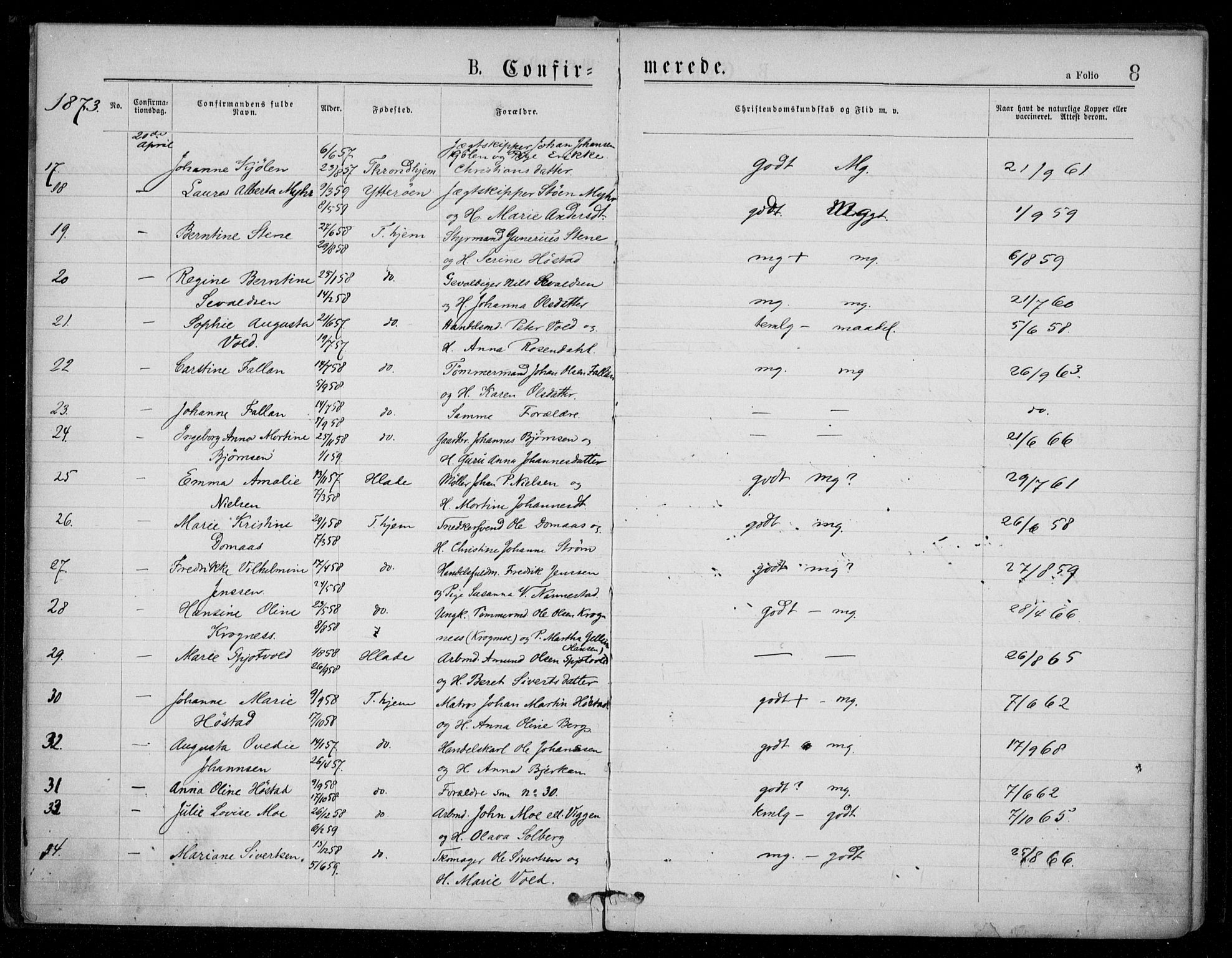 Ministerialprotokoller, klokkerbøker og fødselsregistre - Sør-Trøndelag, AV/SAT-A-1456/602/L0121: Parish register (official) no. 602A19, 1872-1879, p. 8