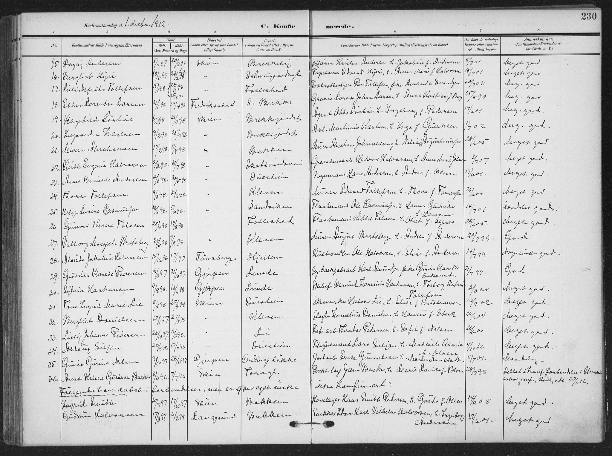 Skien kirkebøker, AV/SAKO-A-302/F/Fa/L0012: Parish register (official) no. 12, 1908-1914, p. 230