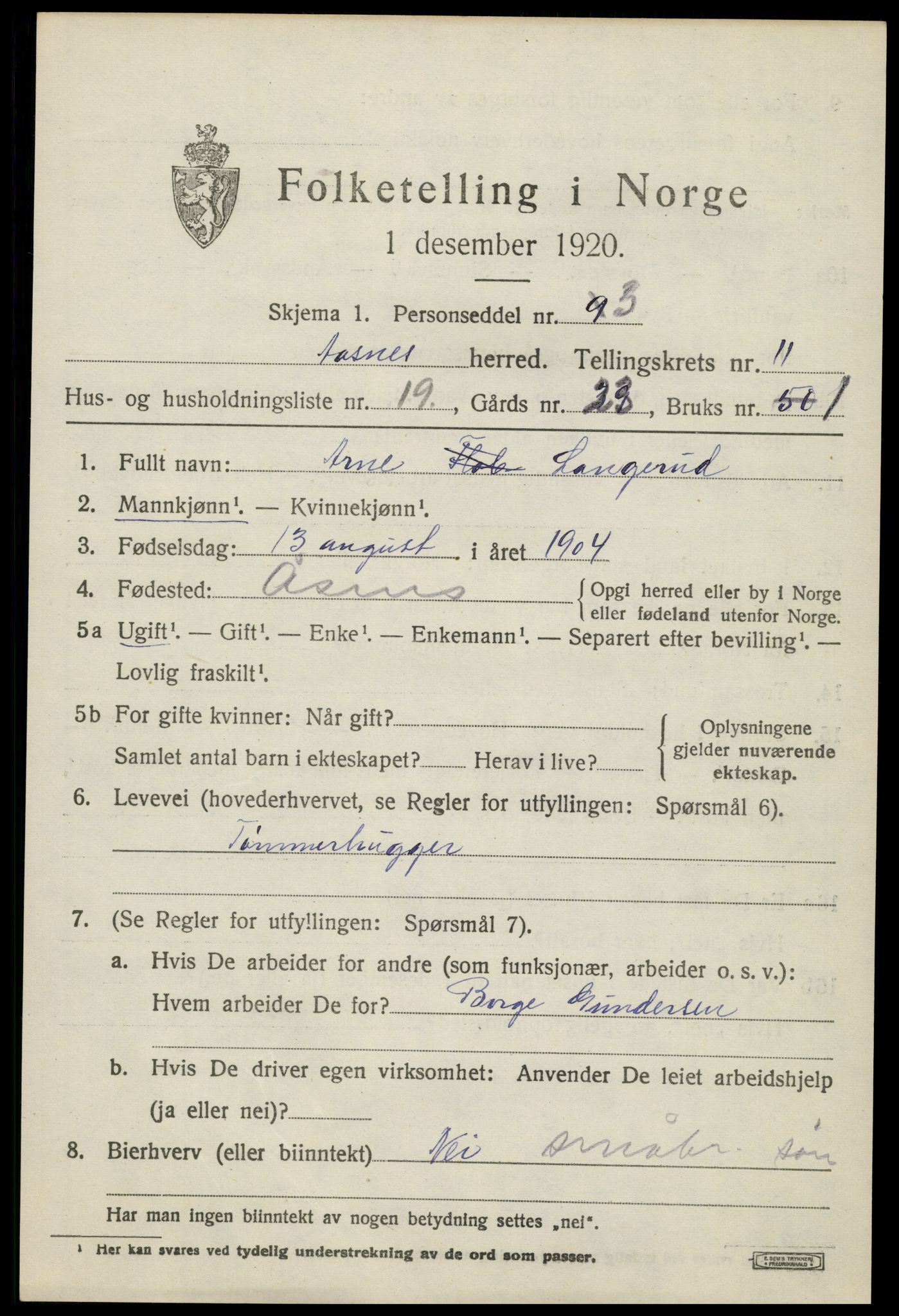 SAH, 1920 census for Åsnes, 1920, p. 11720