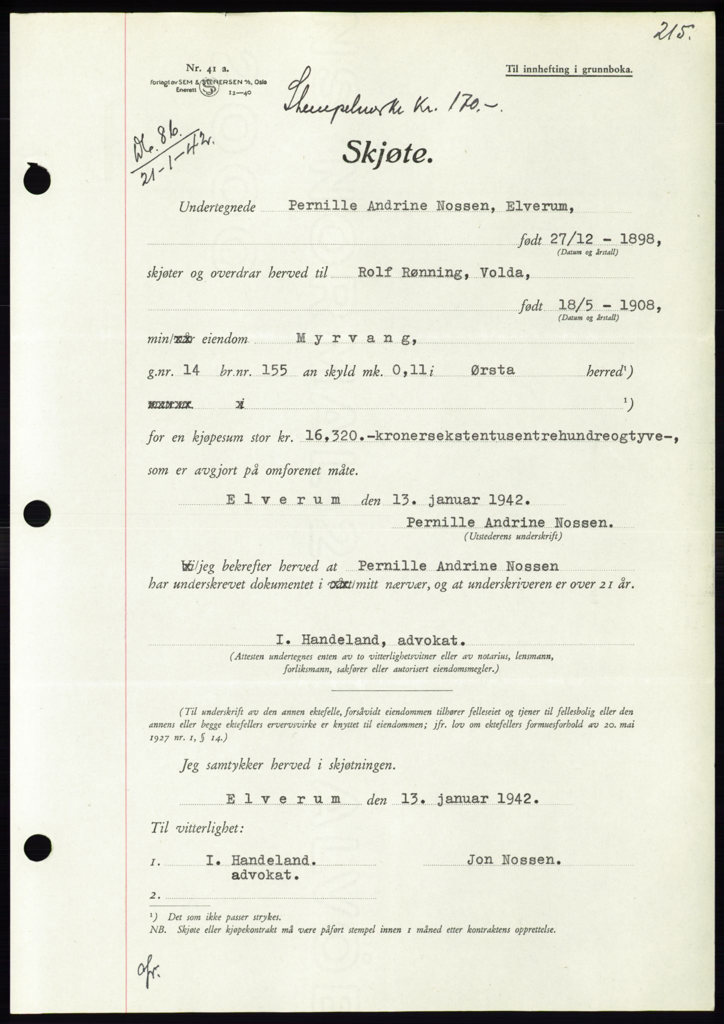 Søre Sunnmøre sorenskriveri, AV/SAT-A-4122/1/2/2C/L0073: Mortgage book no. 67, 1941-1942, Diary no: : 86/1942