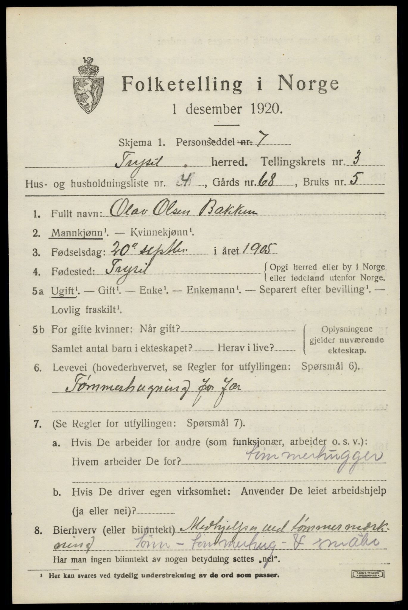 SAH, 1920 census for Trysil, 1920, p. 3525