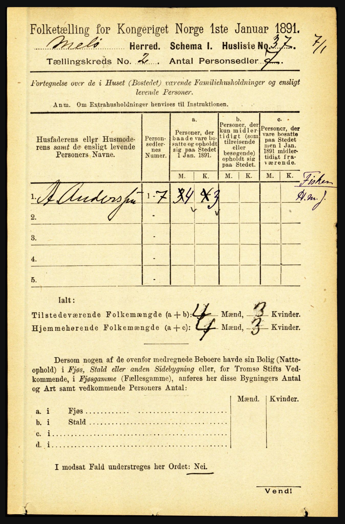 RA, 1891 census for 1837 Meløy, 1891, p. 607