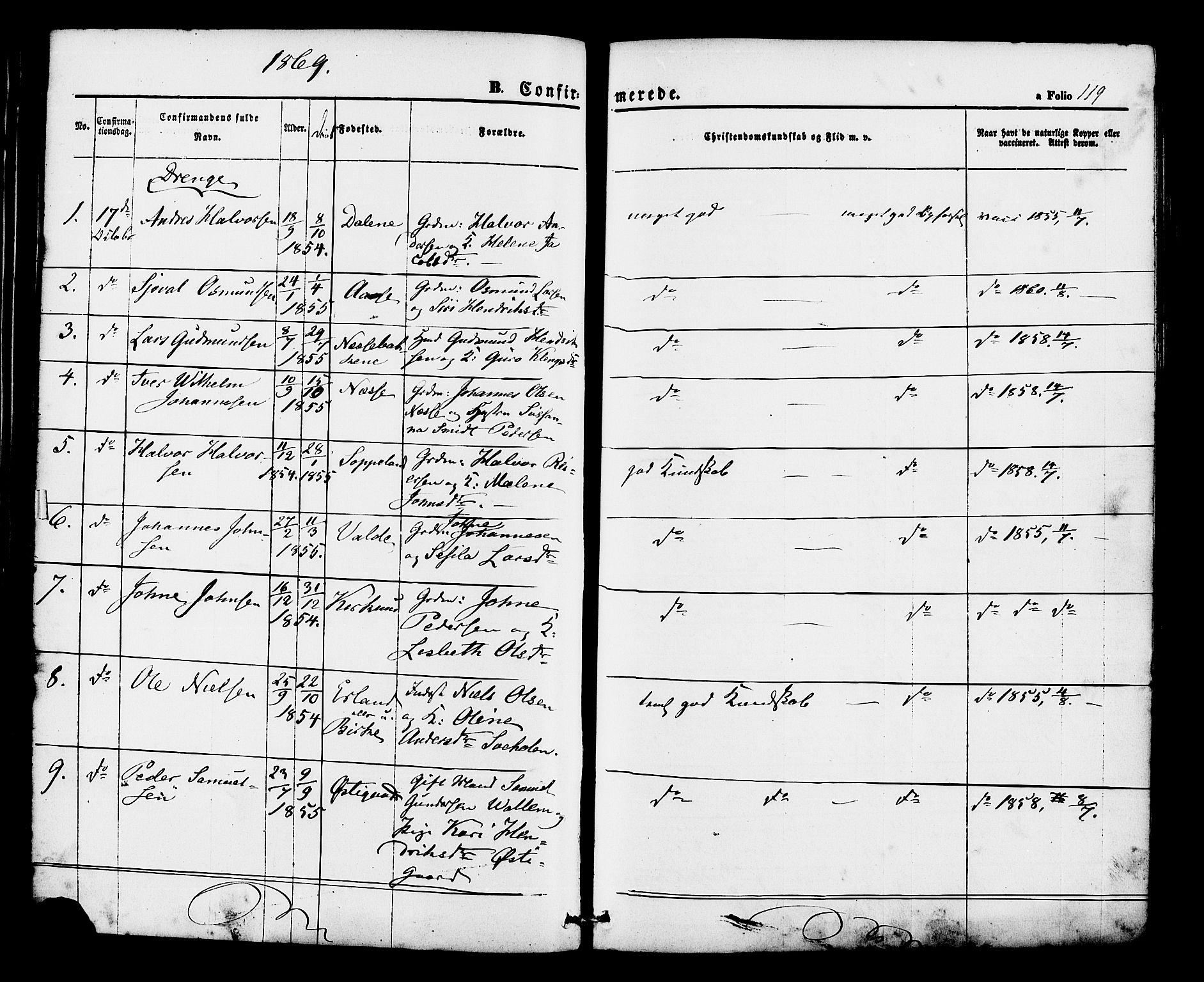 Hjelmeland sokneprestkontor, AV/SAST-A-101843/01/IV/L0012: Parish register (official) no. A 12, 1862-1886, p. 119