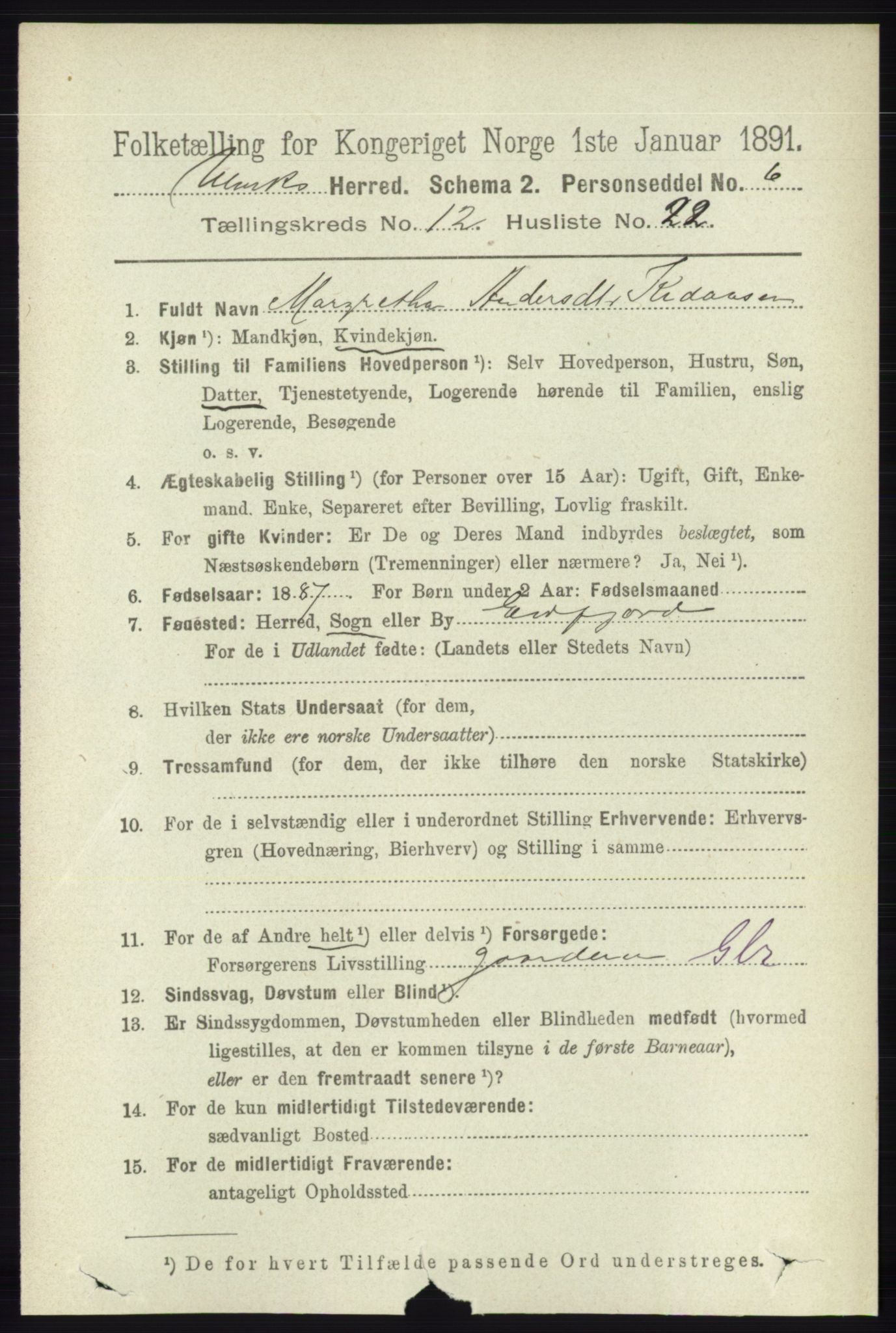 RA, 1891 census for 1233 Ulvik, 1891, p. 3751