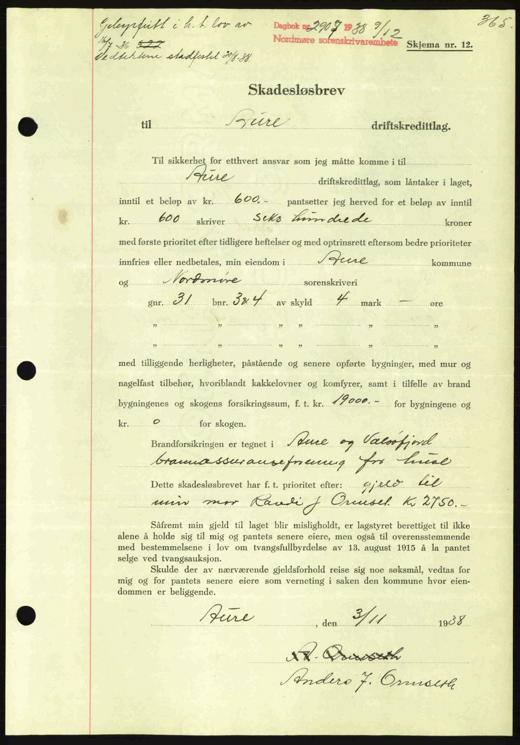 Nordmøre sorenskriveri, SAT/A-4132/1/2/2Ca: Mortgage book no. B84, 1938-1939, Diary no: : 2907/1938