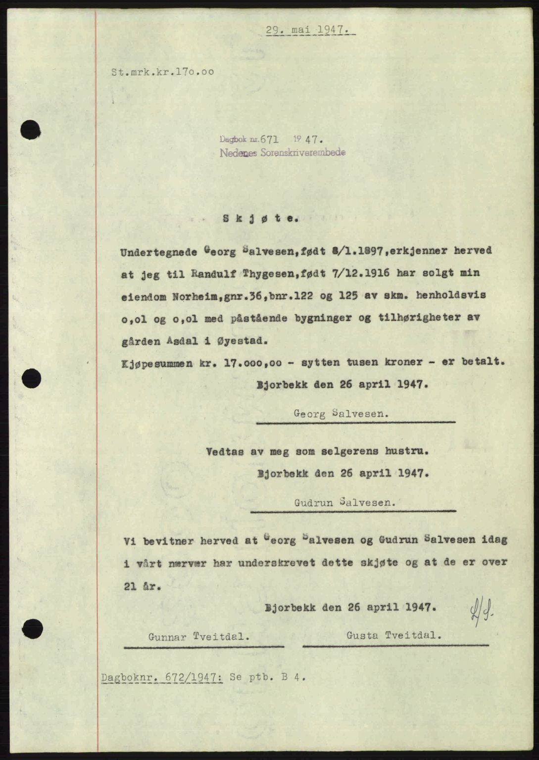 Nedenes sorenskriveri, SAK/1221-0006/G/Gb/Gba/L0057: Mortgage book no. A9, 1947-1947, Diary no: : 671/1947