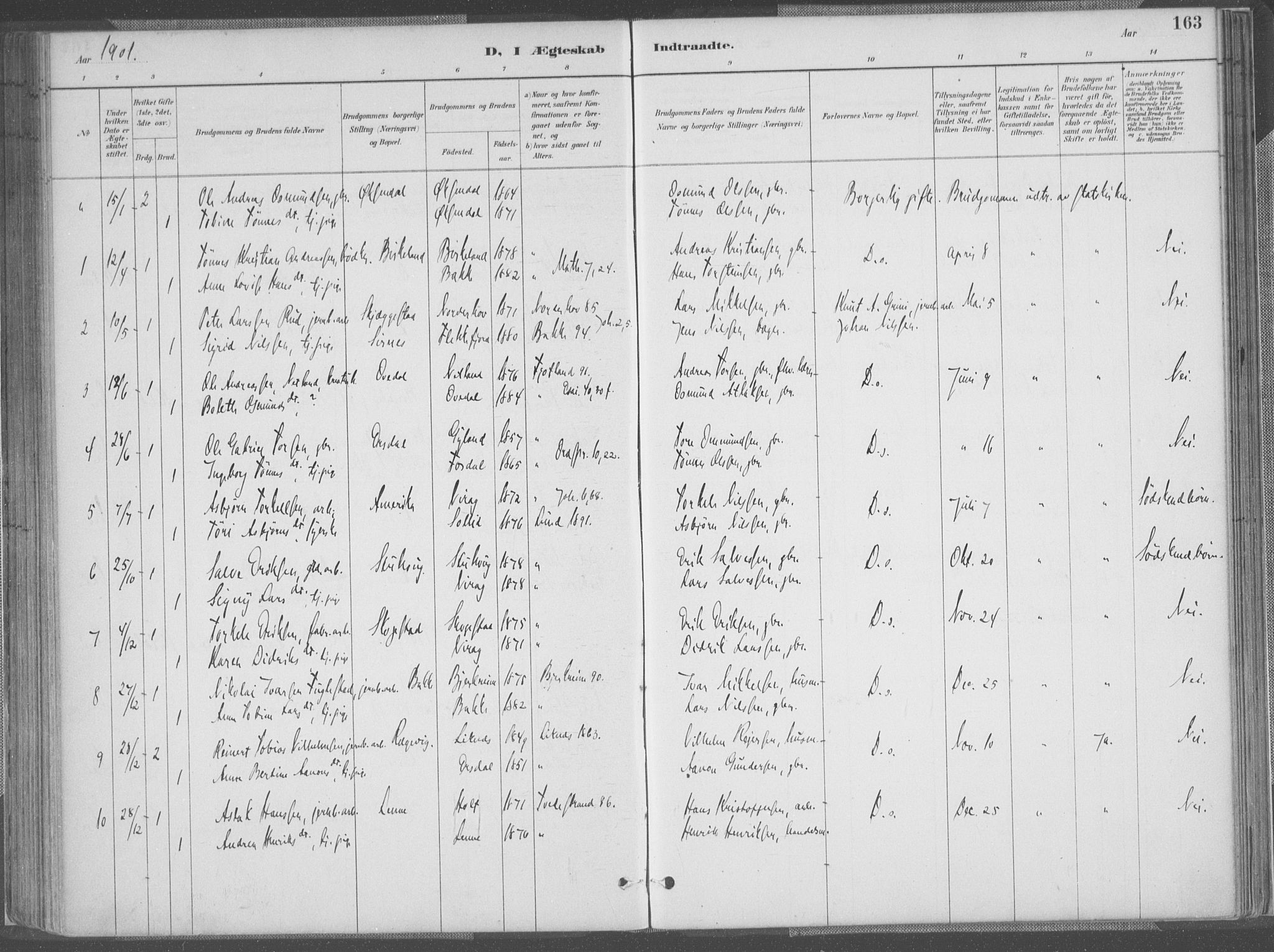 Bakke sokneprestkontor, SAK/1111-0002/F/Fa/Faa/L0008: Parish register (official) no. A 8, 1887-1911, p. 163