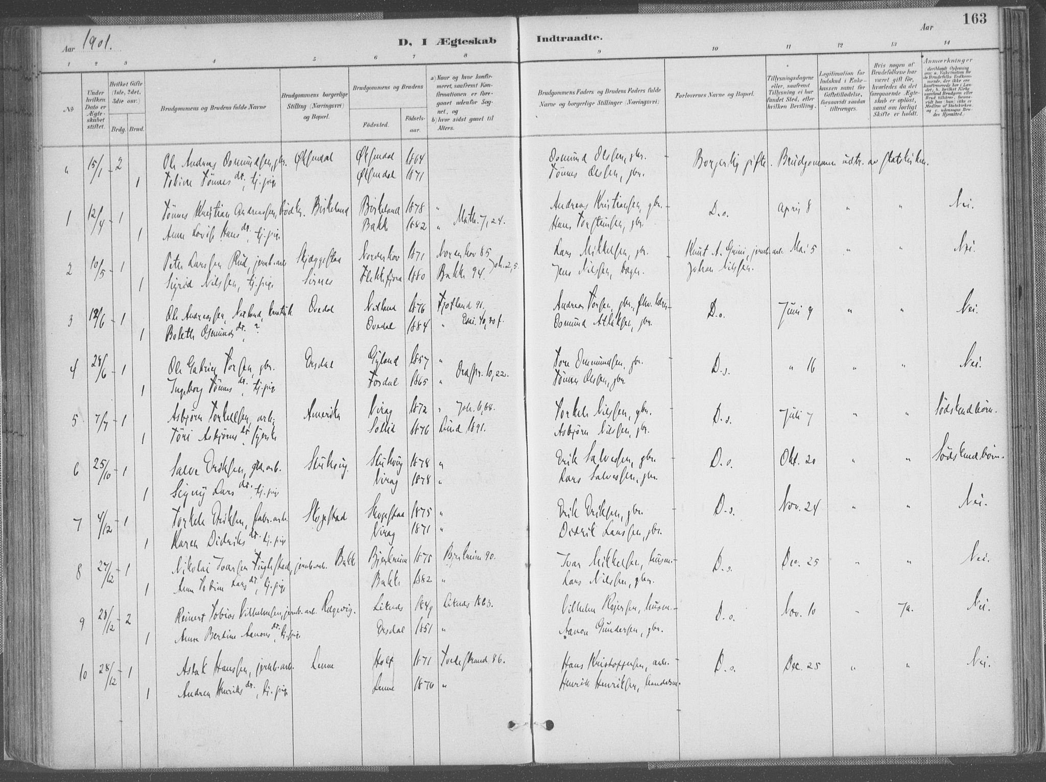 Bakke sokneprestkontor, AV/SAK-1111-0002/F/Fa/Faa/L0008: Parish register (official) no. A 8, 1887-1911, p. 163