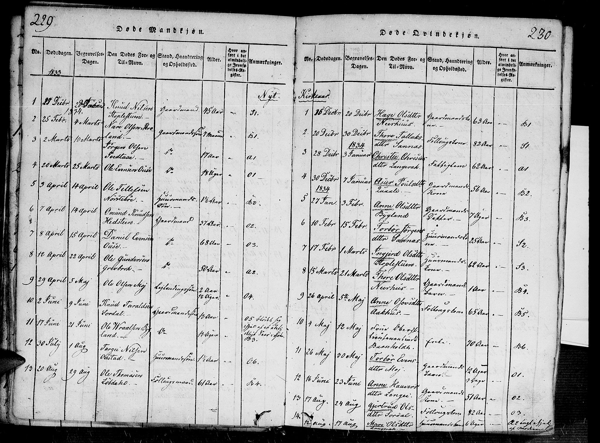 Bygland sokneprestkontor, SAK/1111-0006/F/Fa/Fab/L0003: Parish register (official) no. A 3, 1816-1841, p. 229-230