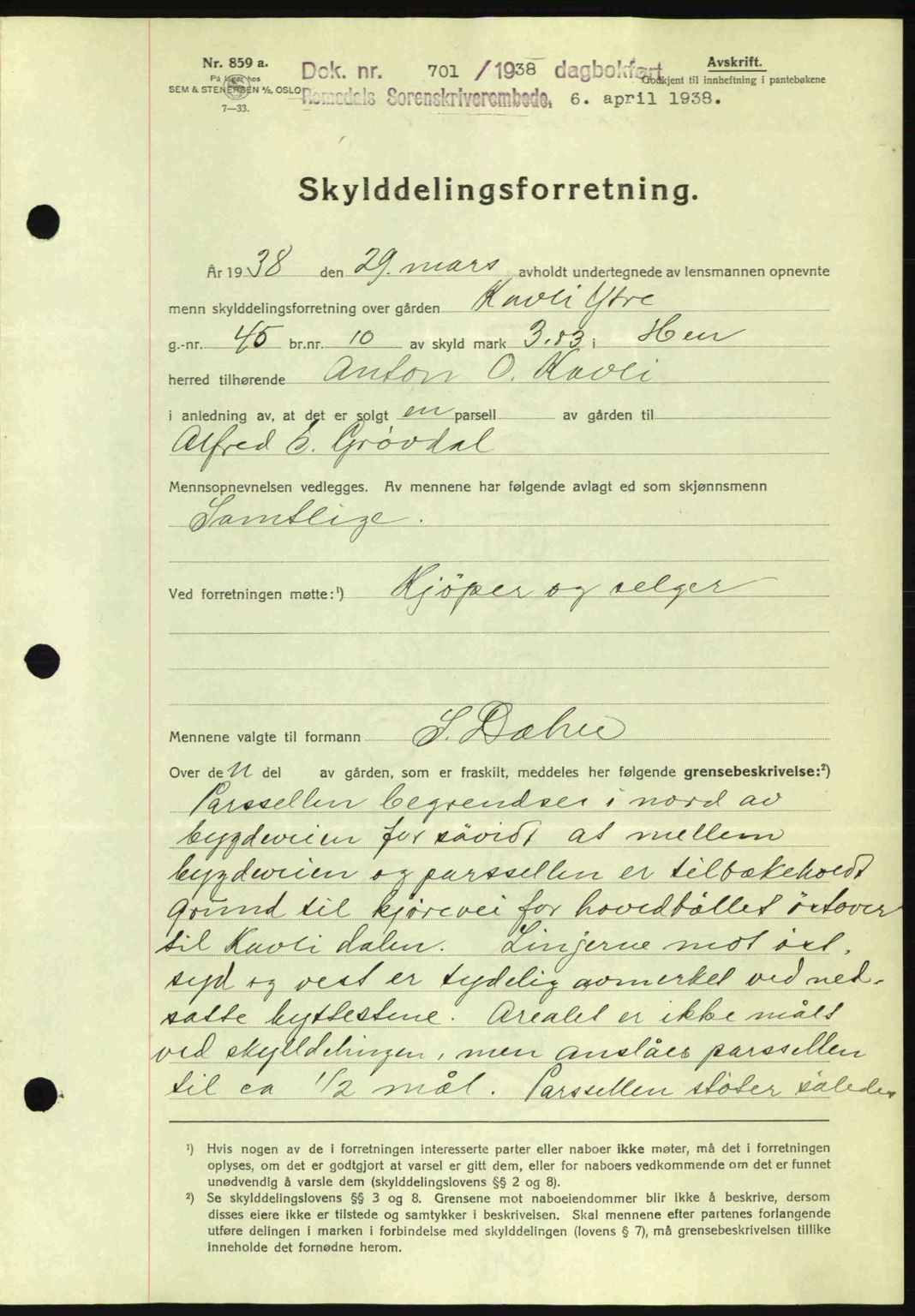 Romsdal sorenskriveri, AV/SAT-A-4149/1/2/2C: Mortgage book no. A4, 1937-1938, Diary no: : 701/1938