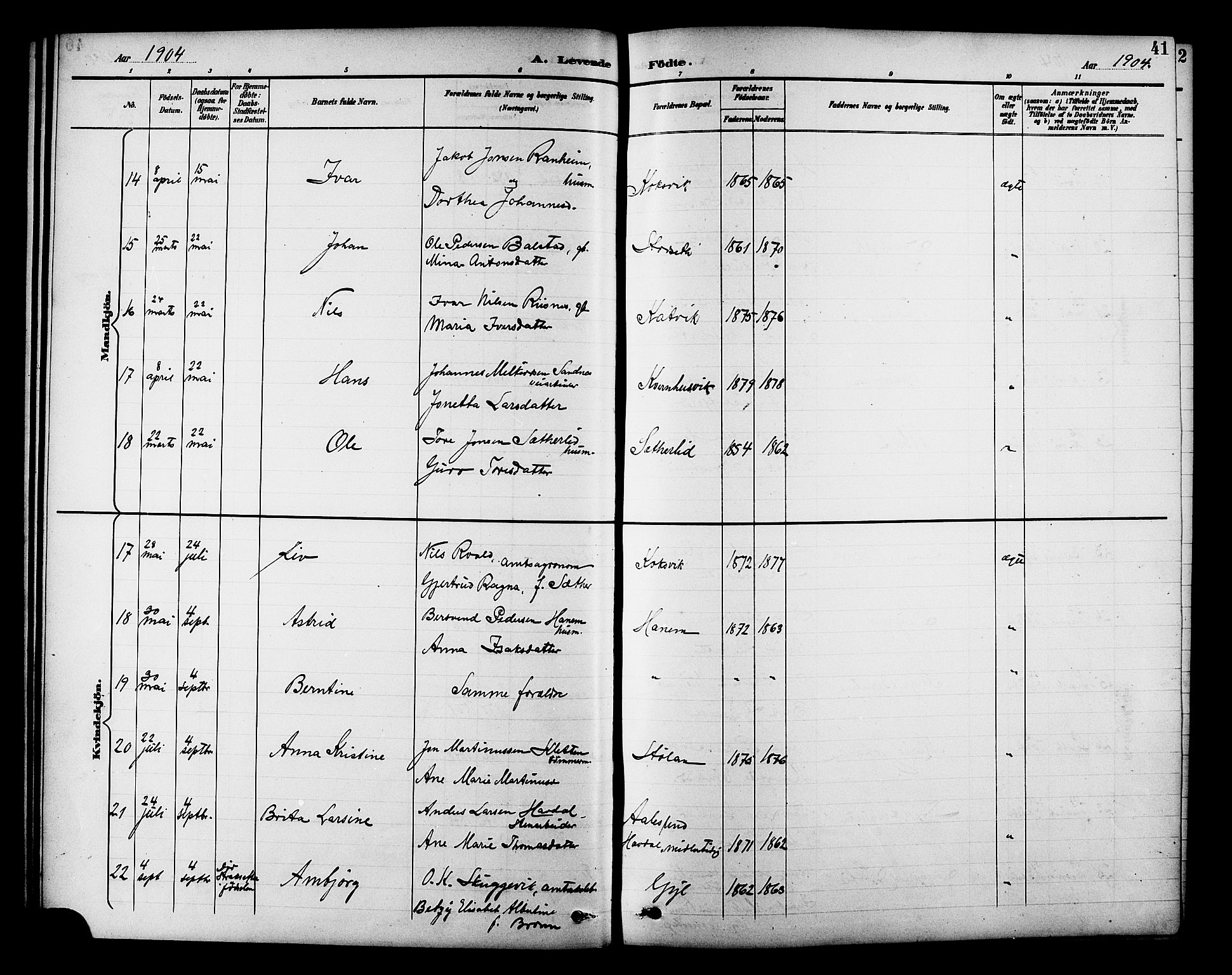 Ministerialprotokoller, klokkerbøker og fødselsregistre - Møre og Romsdal, AV/SAT-A-1454/586/L0992: Parish register (copy) no. 586C03, 1892-1909, p. 41