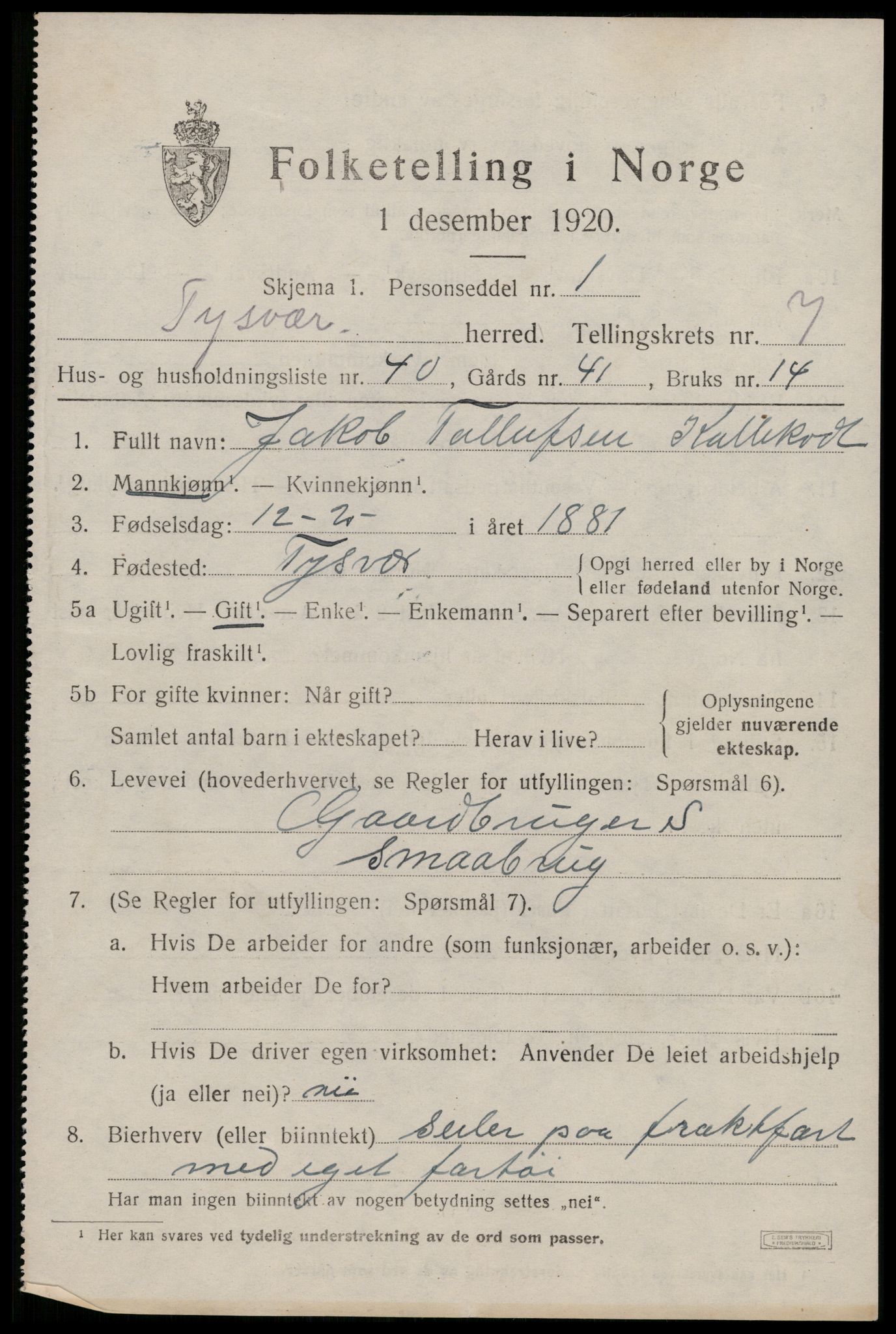 SAST, 1920 census for Tysvær, 1920, p. 2820