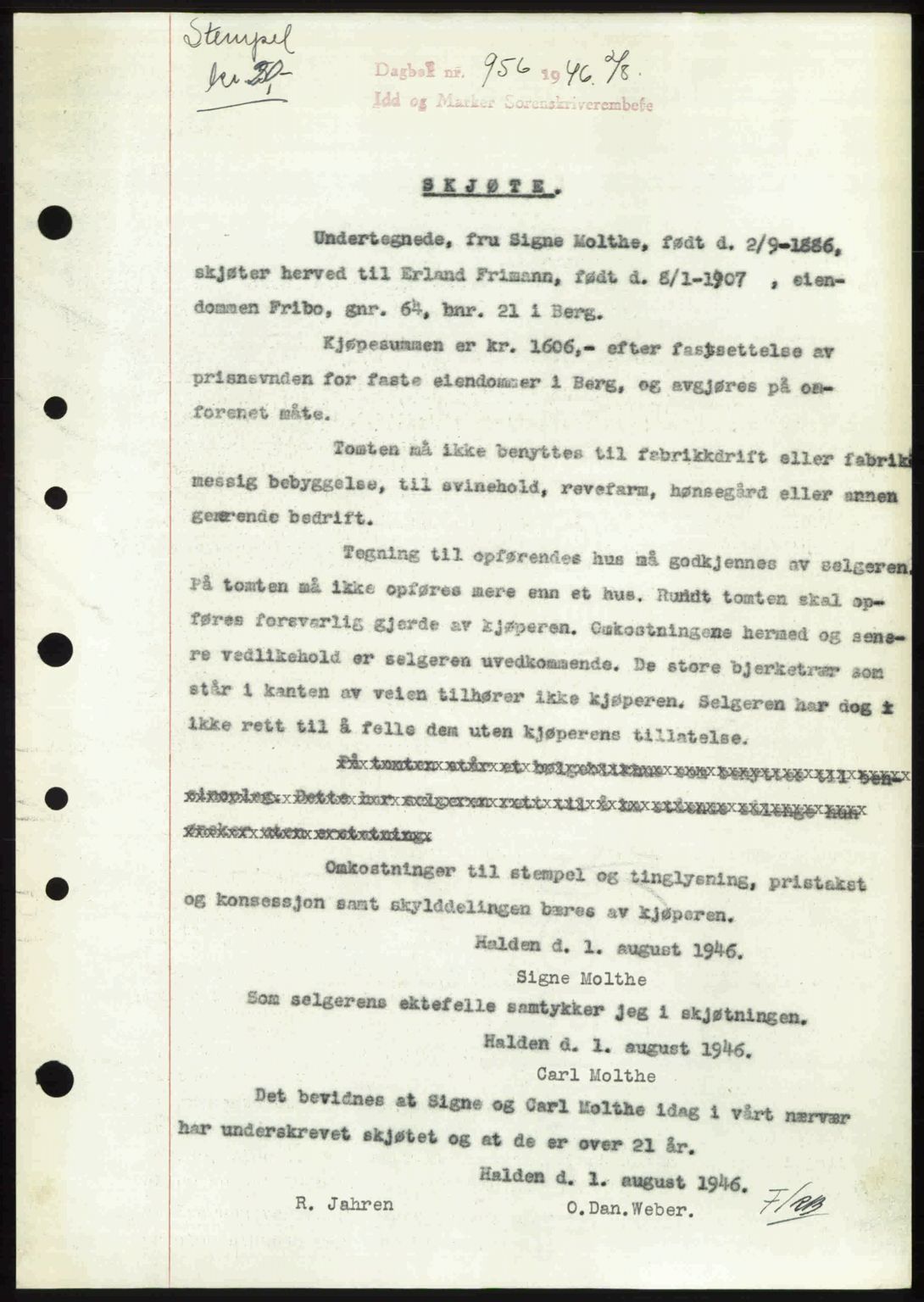 Idd og Marker sorenskriveri, AV/SAO-A-10283/G/Gb/Gbb/L0008: Mortgage book no. A8, 1946-1946, Diary no: : 956/1946