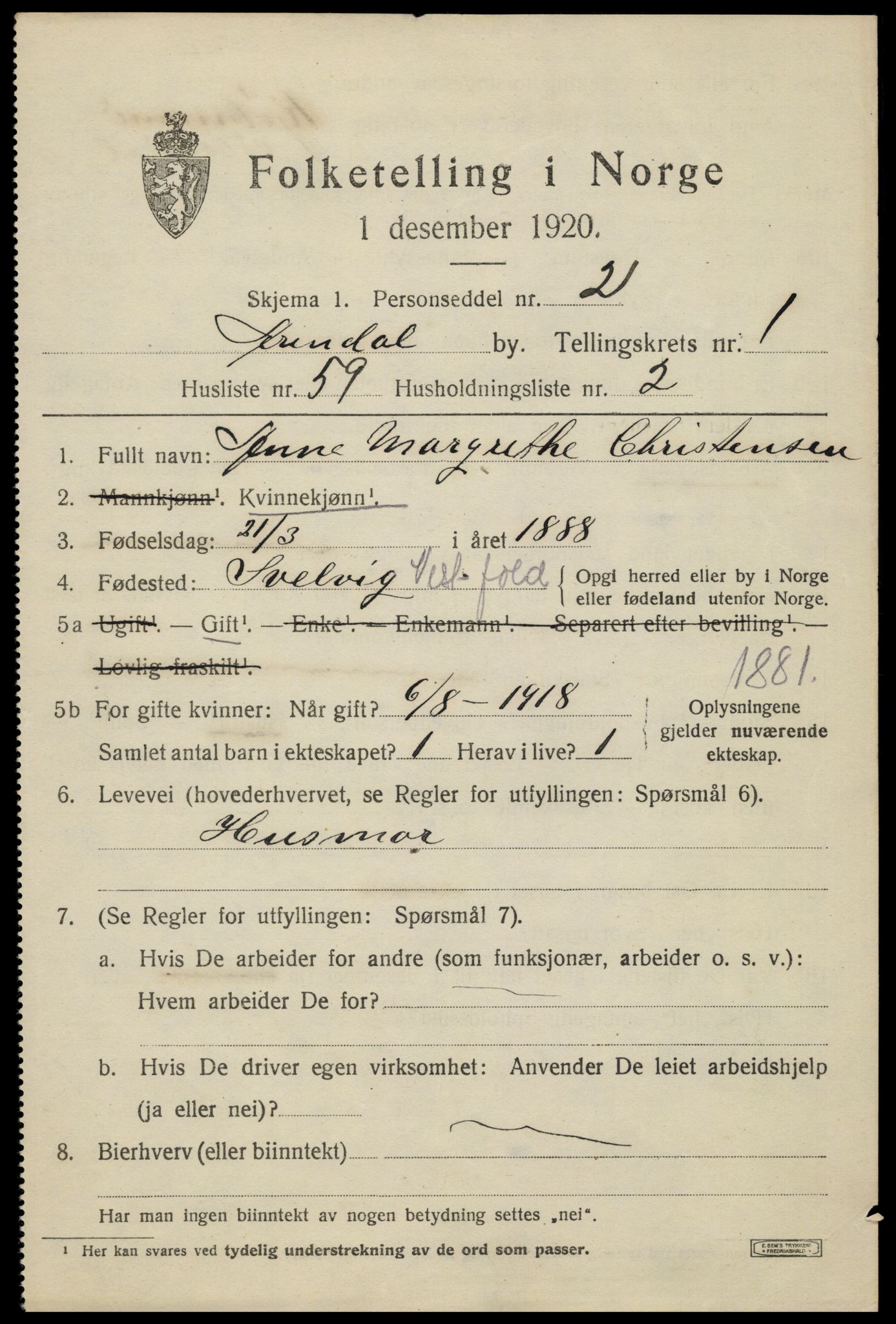 SAK, 1920 census for Arendal, 1920, p. 10000