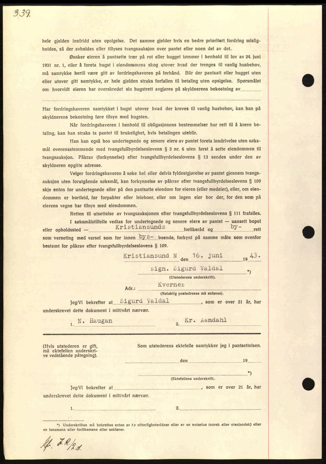 Nordmøre sorenskriveri, AV/SAT-A-4132/1/2/2Ca: Mortgage book no. B90, 1942-1943, Diary no: : 1454/1943