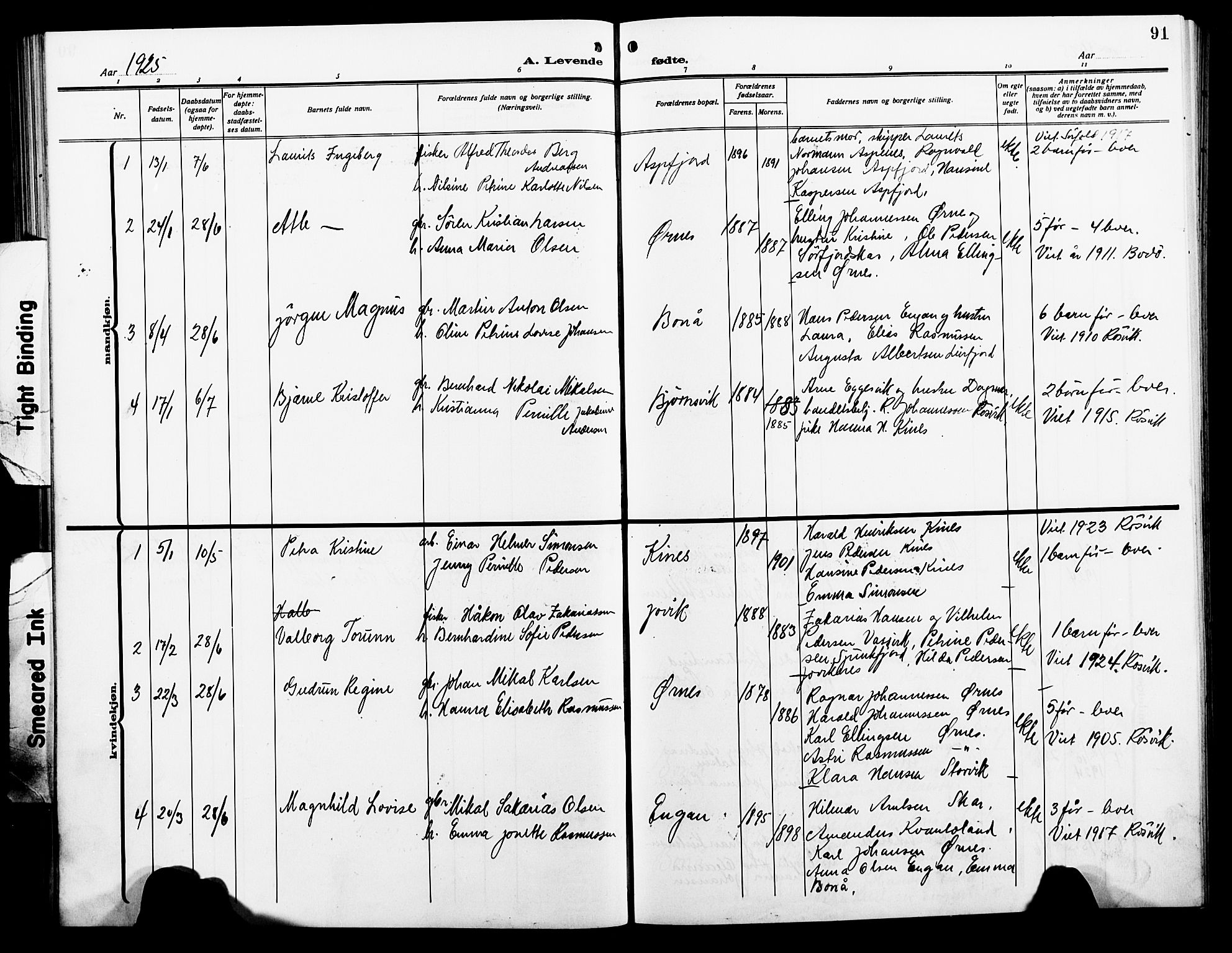 Ministerialprotokoller, klokkerbøker og fødselsregistre - Nordland, AV/SAT-A-1459/854/L0787: Parish register (copy) no. 854C03, 1913-1926, p. 91