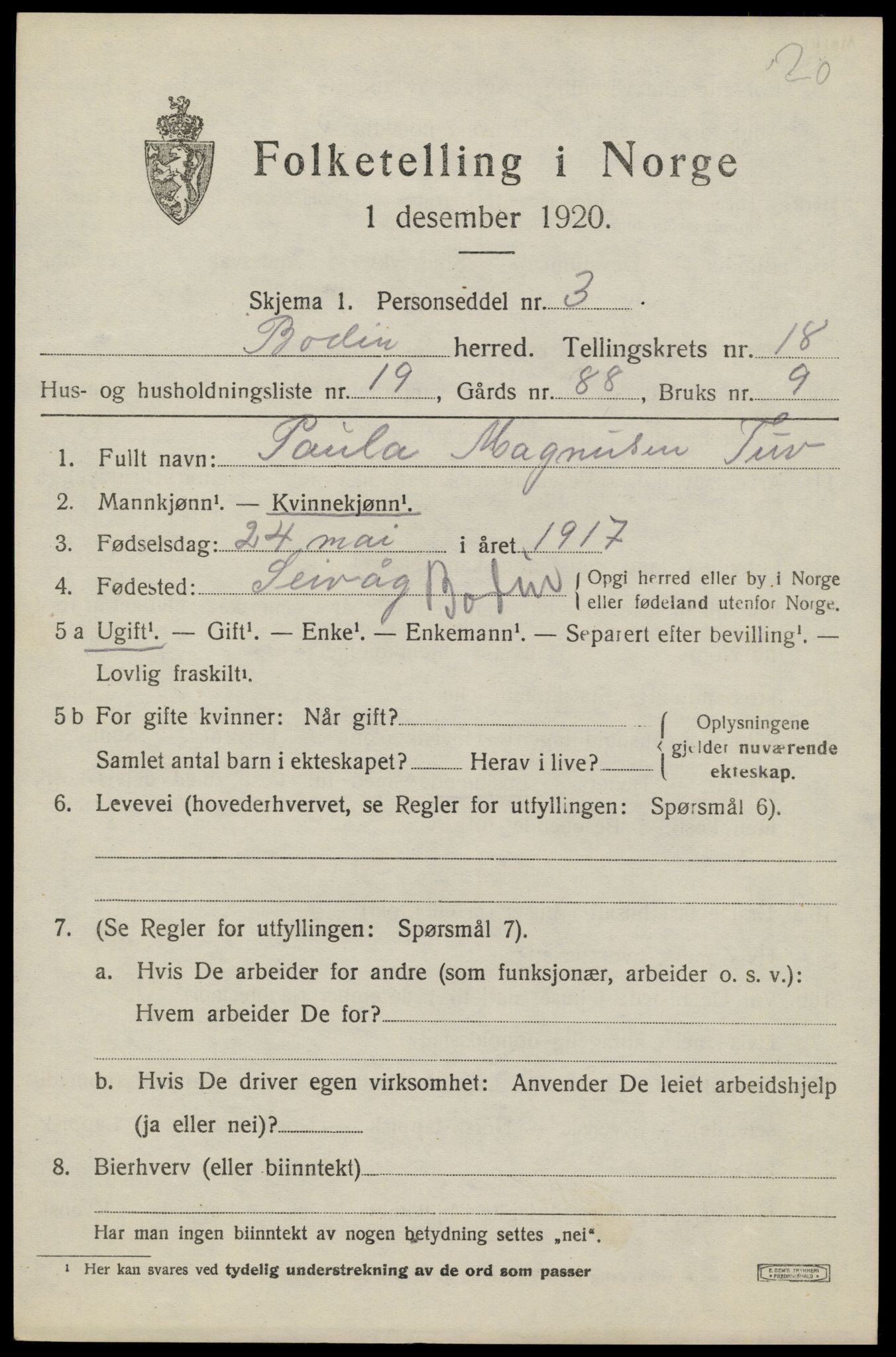 SAT, 1920 census for Bodin, 1920, p. 13026