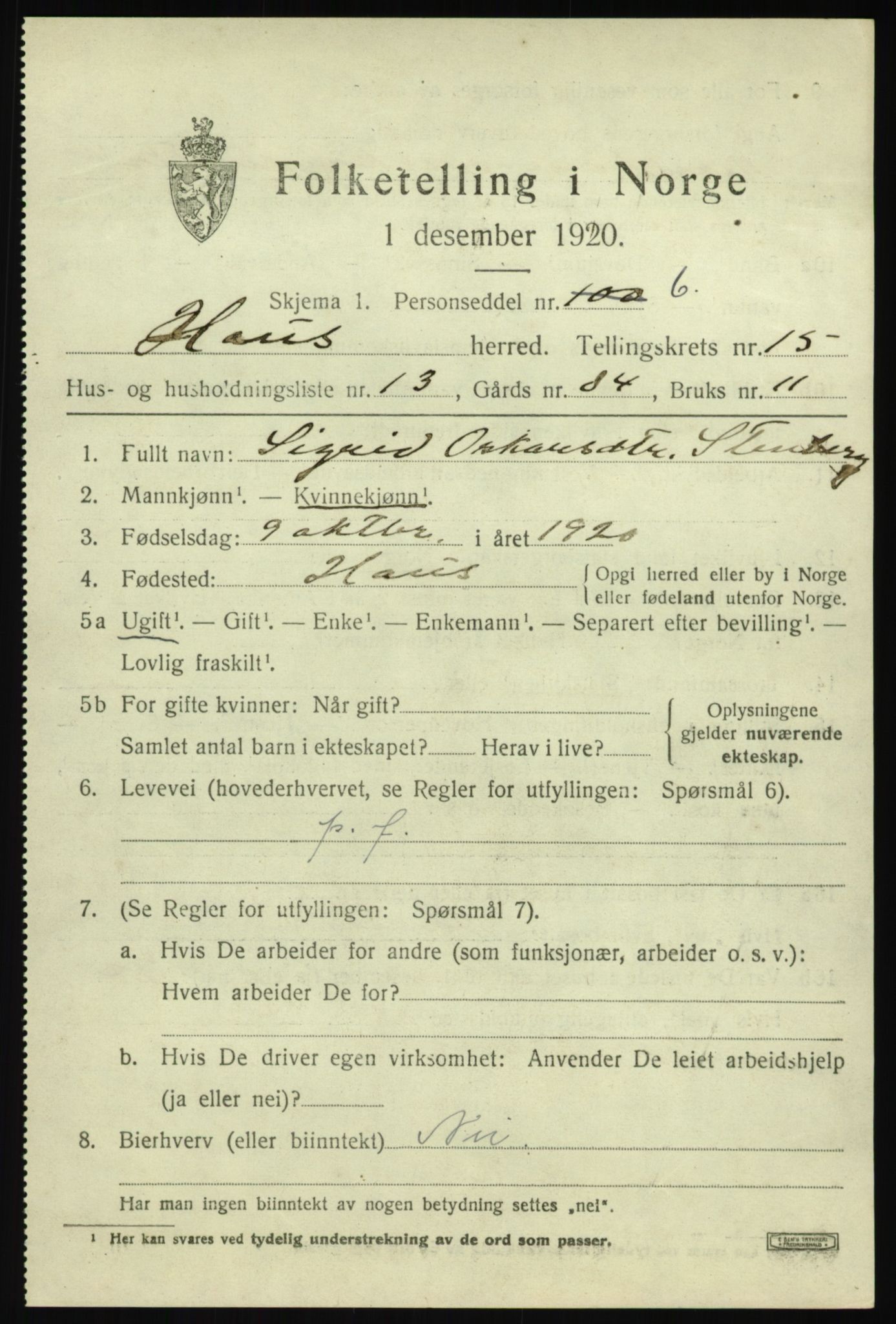 SAB, 1920 census for Haus, 1920, p. 9388