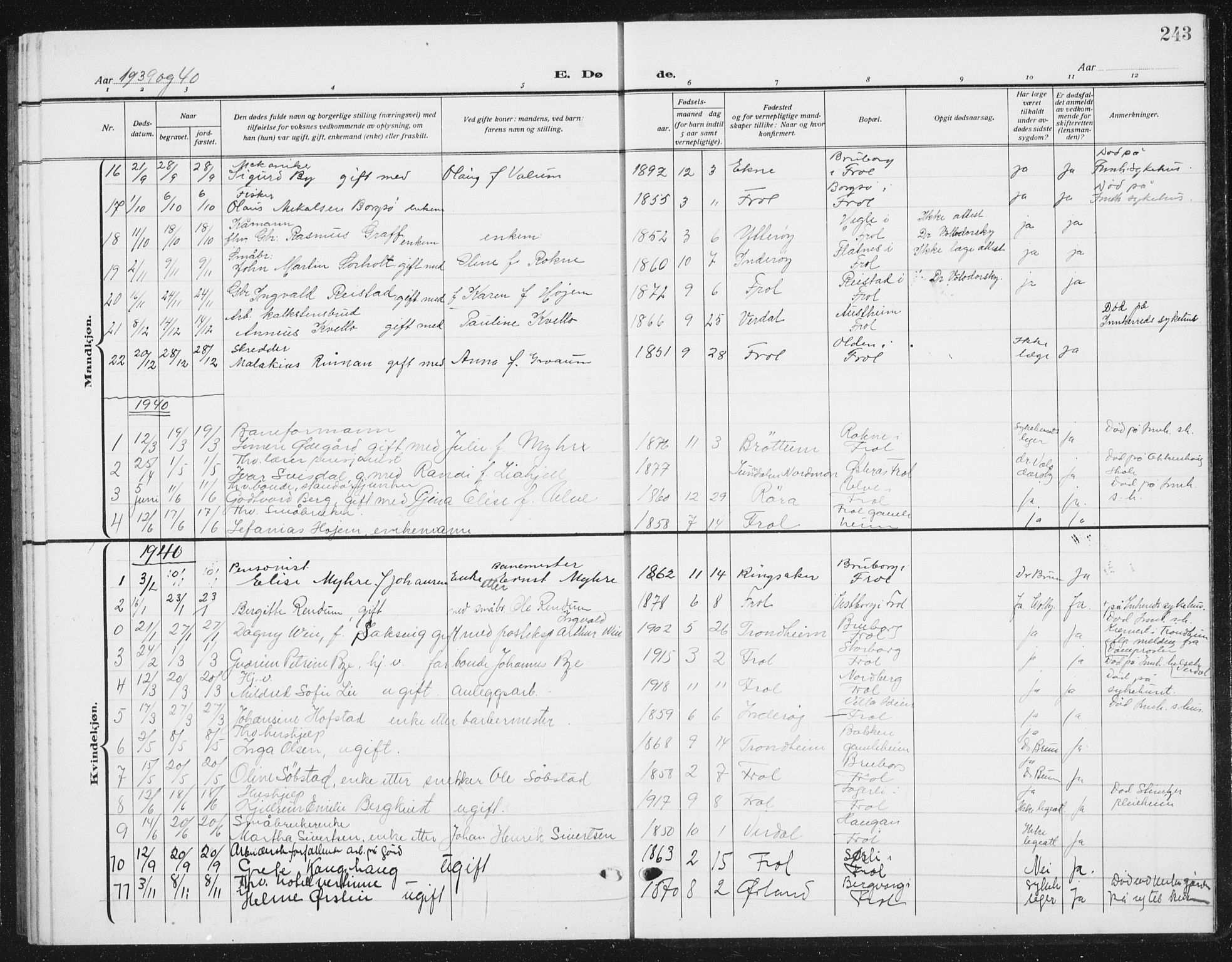 Ministerialprotokoller, klokkerbøker og fødselsregistre - Nord-Trøndelag, AV/SAT-A-1458/721/L0209: Parish register (copy) no. 721C02, 1918-1940, p. 243