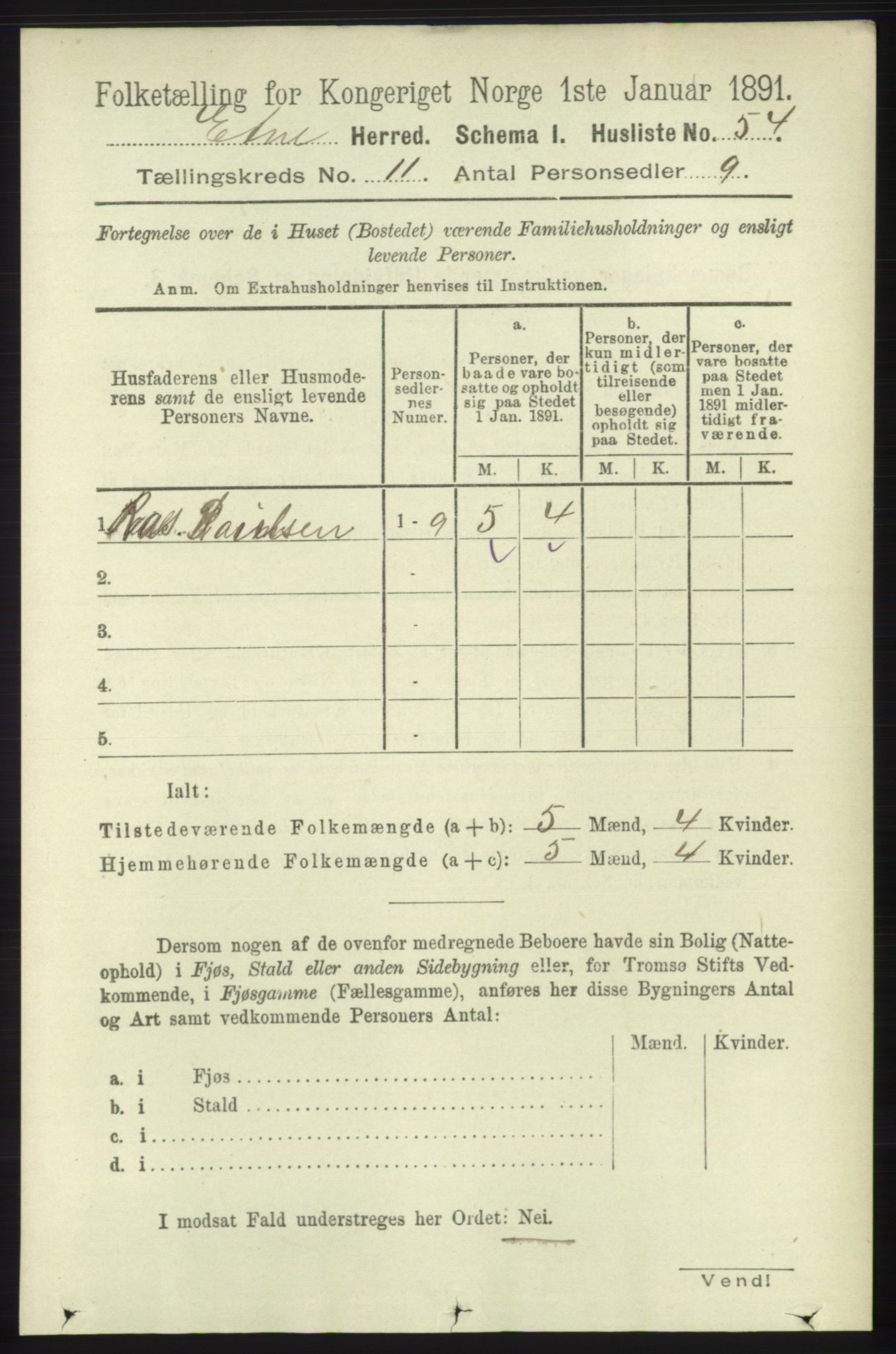 RA, 1891 census for 1211 Etne, 1891, p. 2256