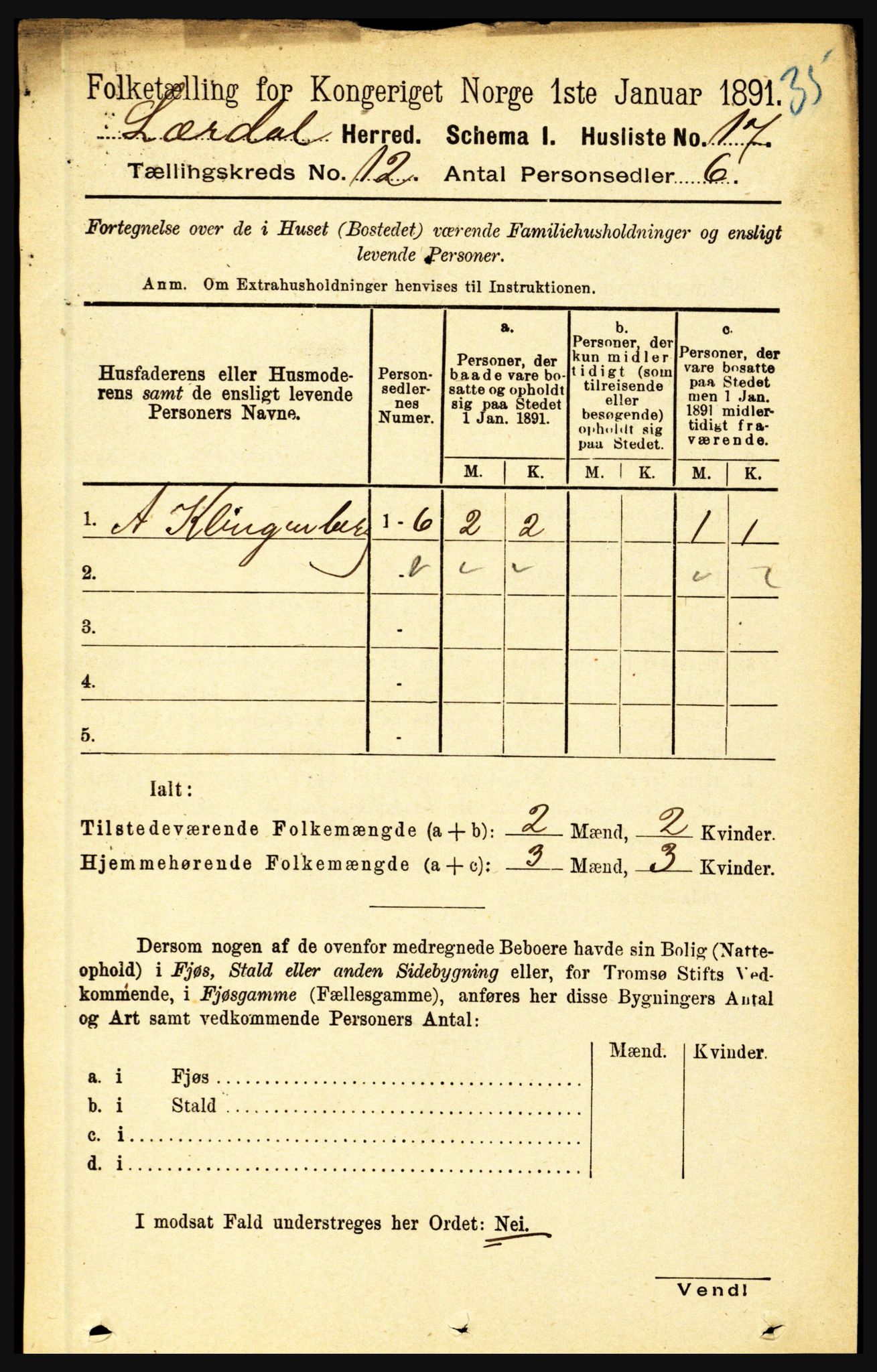 RA, 1891 census for 1422 Lærdal, 1891, p. 2535