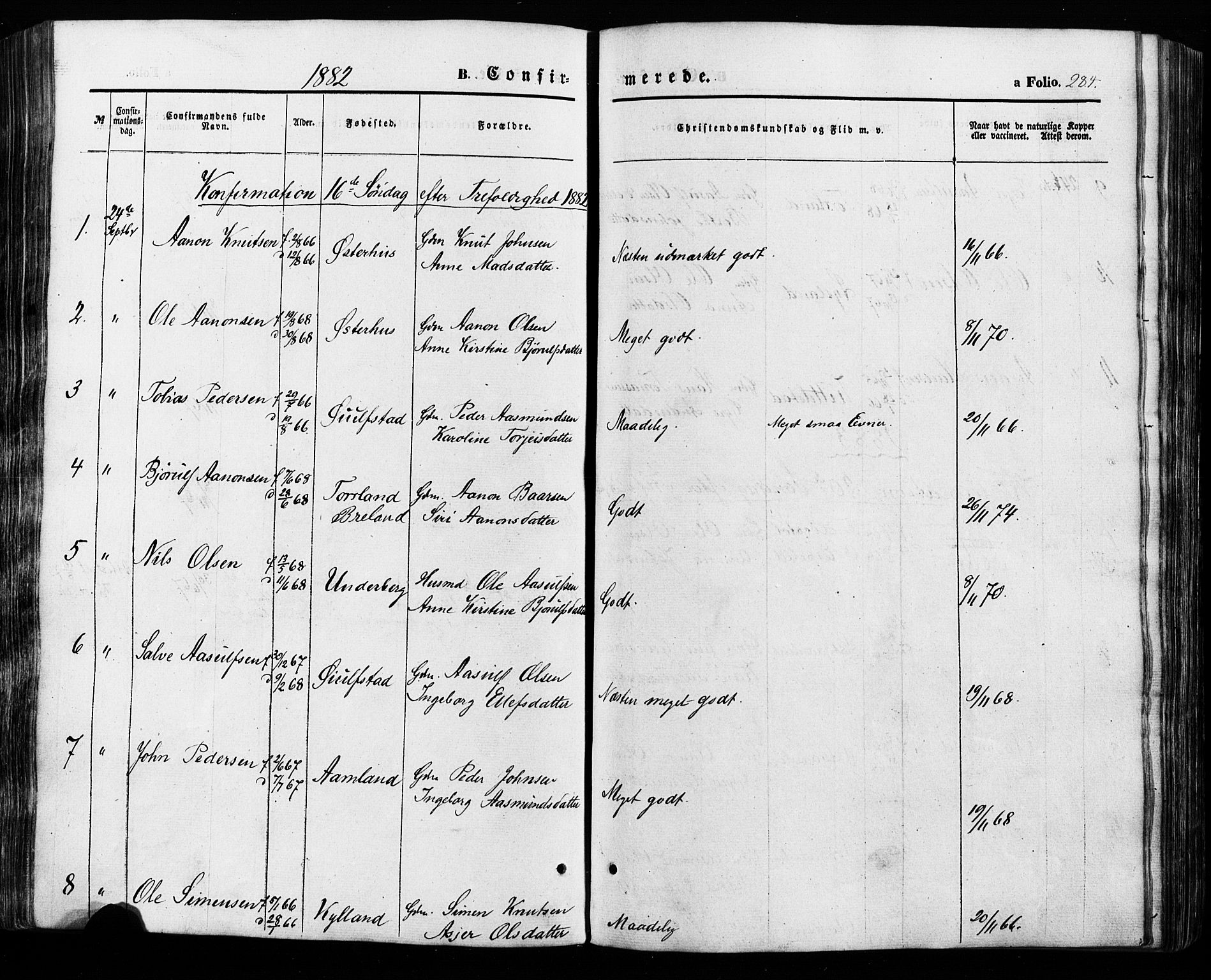 Åseral sokneprestkontor, AV/SAK-1111-0051/F/Fa/L0002: Parish register (official) no. A 2, 1854-1884, p. 284