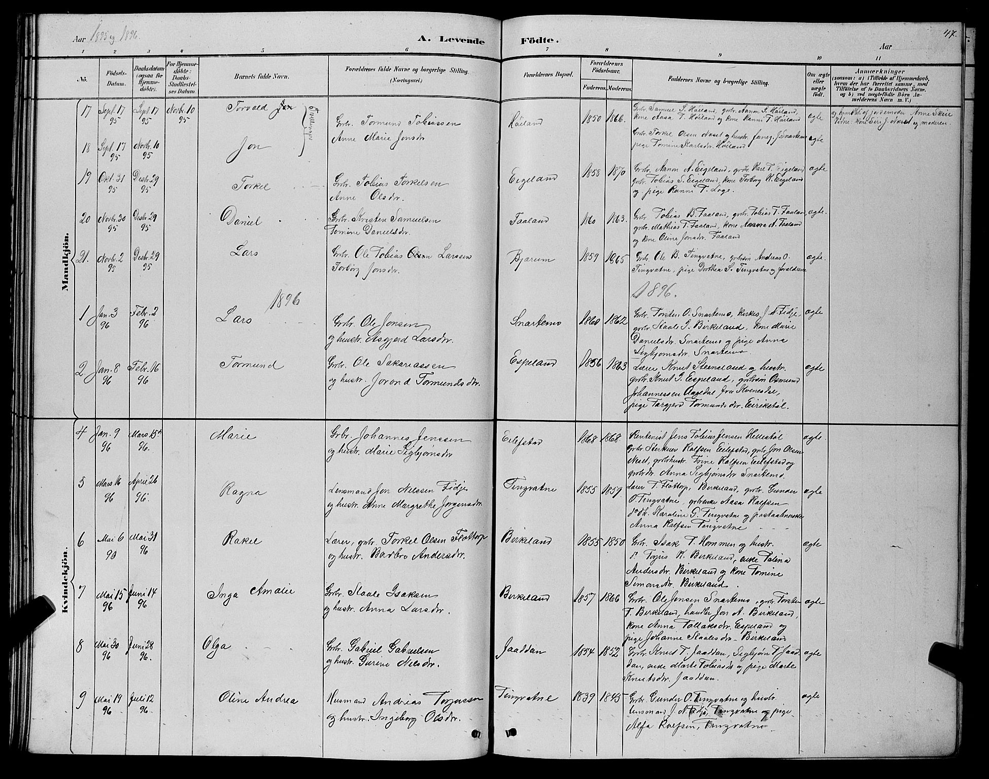 Hægebostad sokneprestkontor, SAK/1111-0024/F/Fb/Fba/L0003: Parish register (copy) no. B 3, 1883-1896, p. 47