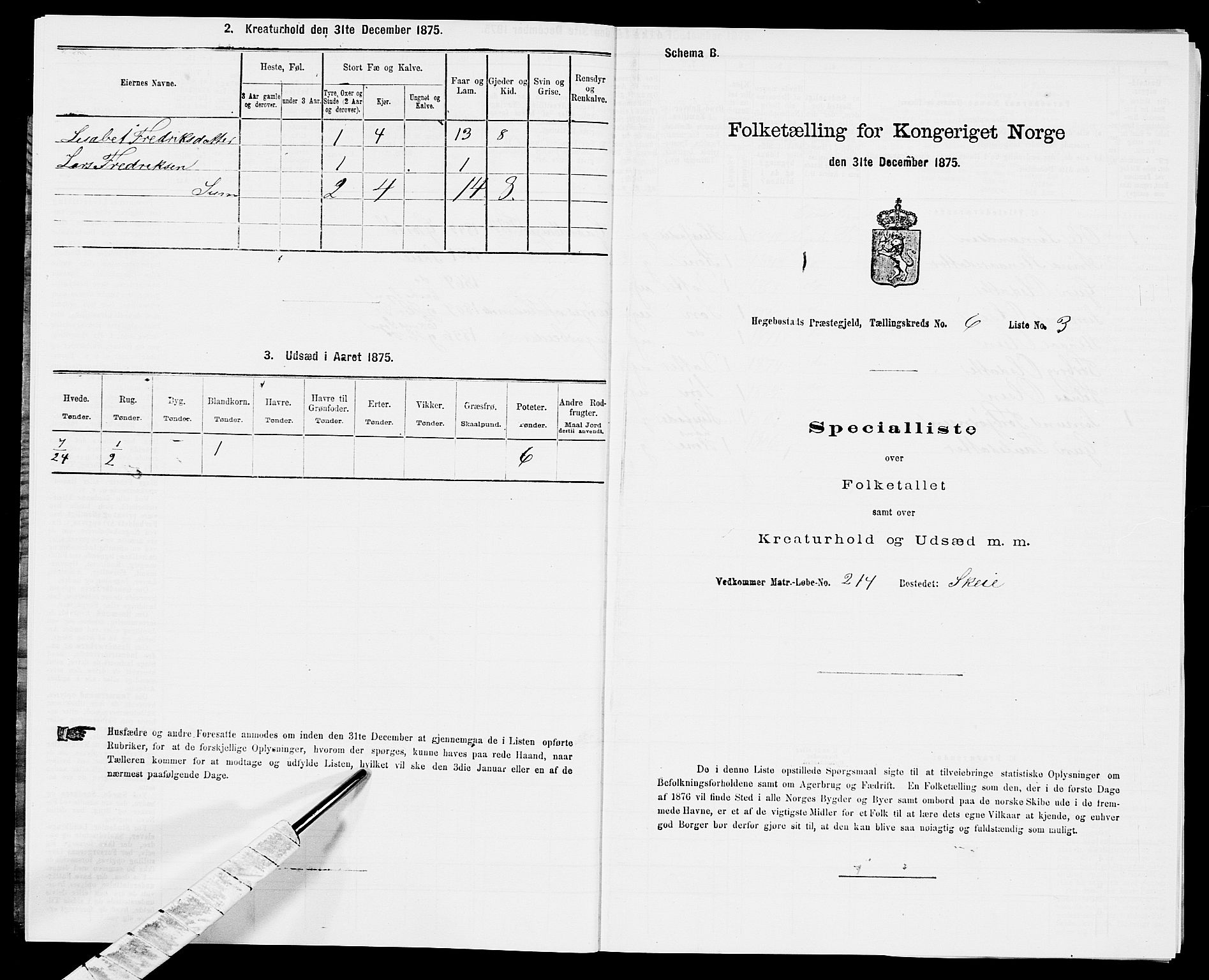 SAK, 1875 census for 1034P Hægebostad, 1875, p. 583