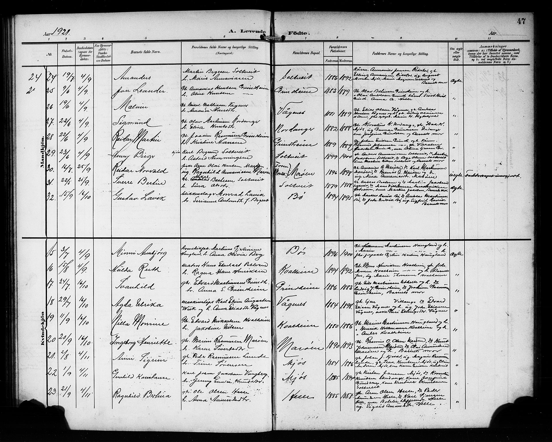 Manger sokneprestembete, SAB/A-76801/H/Hab: Parish register (copy) no. B 4, 1907-1922, p. 47