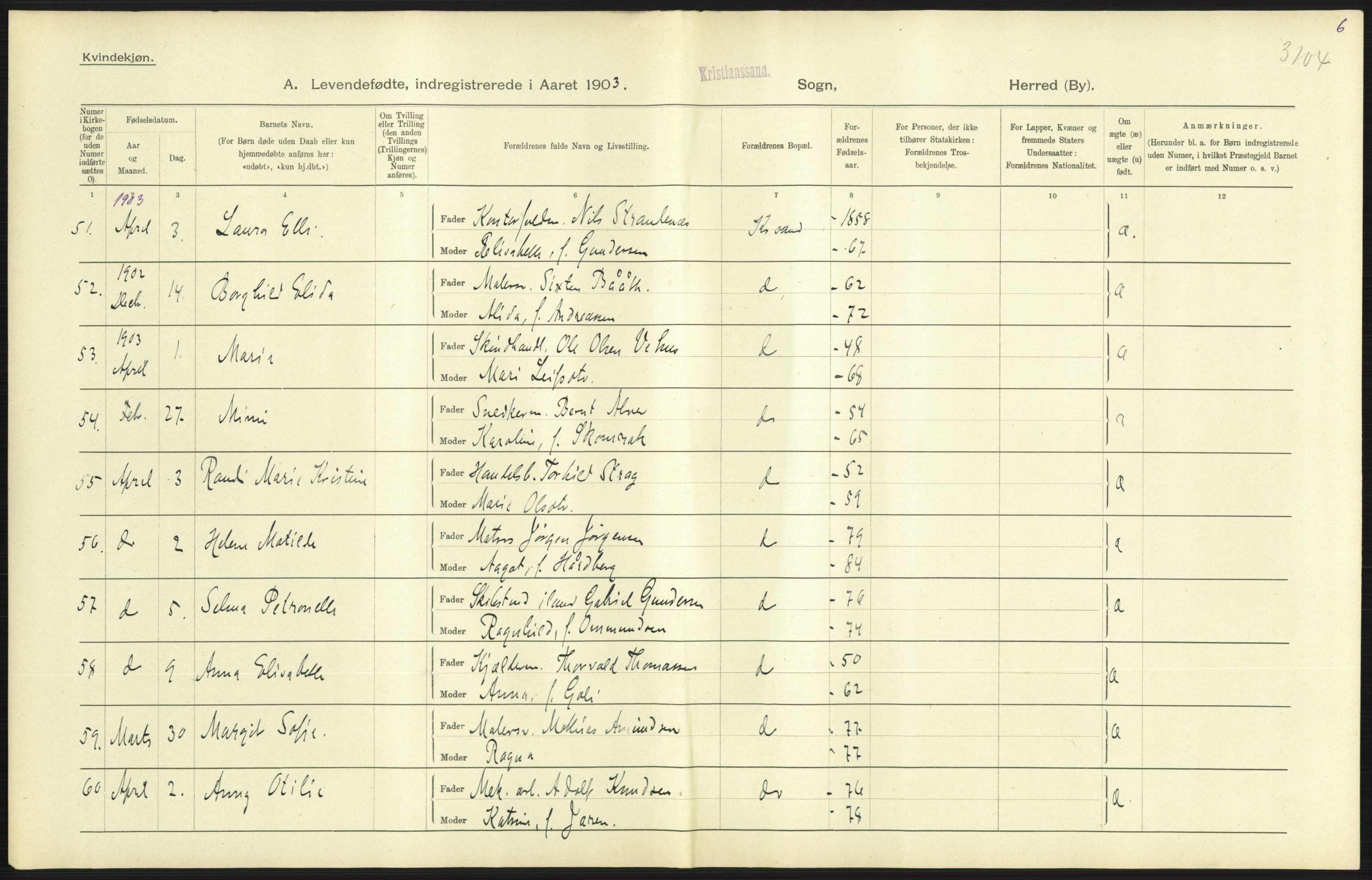 Statistisk sentralbyrå, Sosiodemografiske emner, Befolkning, AV/RA-S-2228/D/Df/Dfa/Dfaa/L0011: Lister og Mandal amt: Fødte, gifte, døde, 1903, p. 261