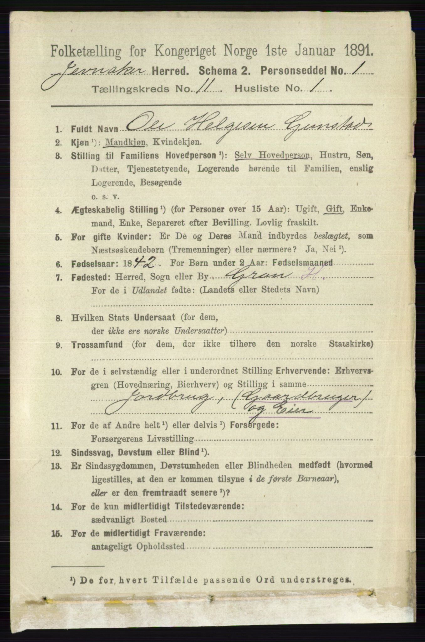 RA, 1891 census for 0532 Jevnaker, 1891, p. 6902