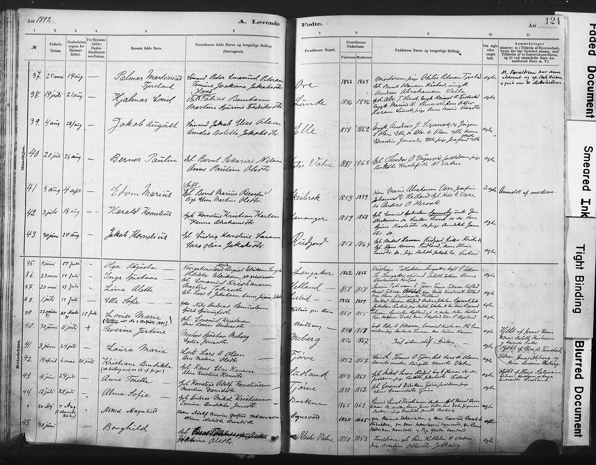 Lista sokneprestkontor, AV/SAK-1111-0027/F/Fa/L0012: Parish register (official) no. A 12, 1879-1903, p. 124