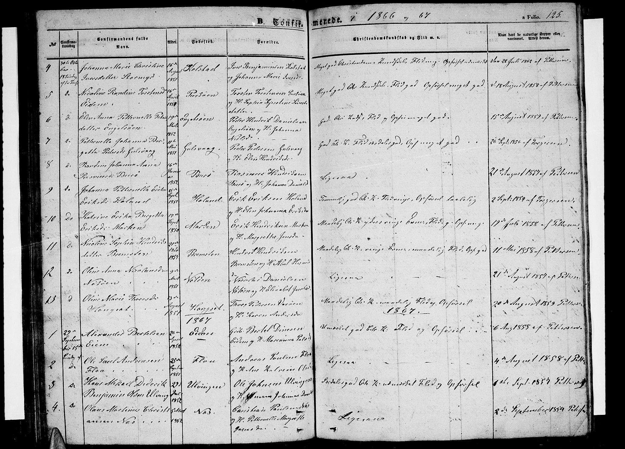 Ministerialprotokoller, klokkerbøker og fødselsregistre - Nordland, AV/SAT-A-1459/816/L0251: Parish register (copy) no. 816C01, 1852-1870, p. 125