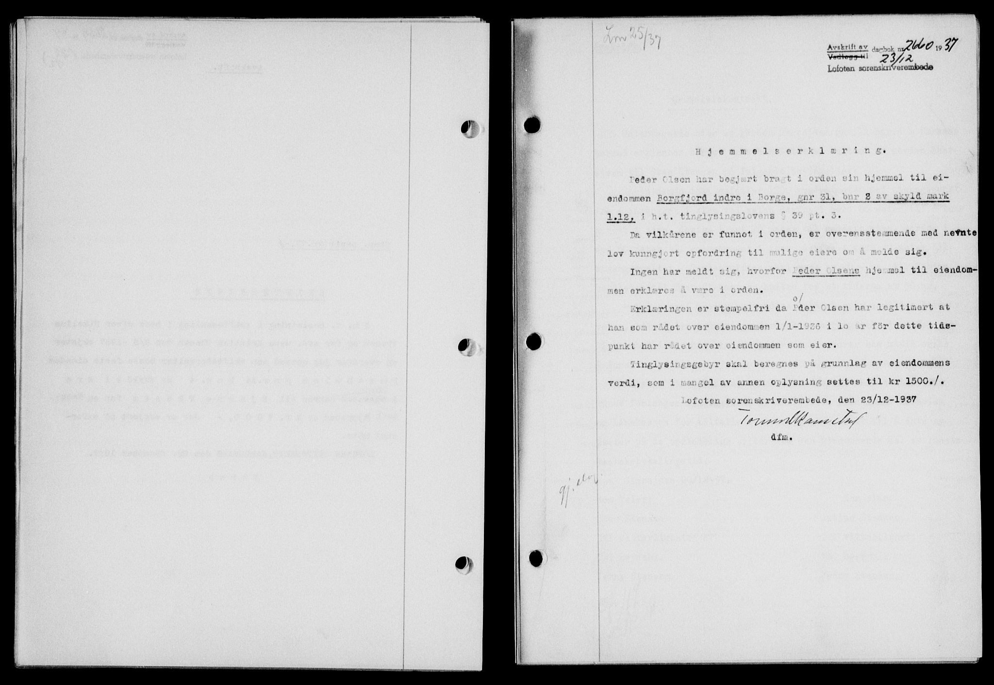 Lofoten sorenskriveri, SAT/A-0017/1/2/2C/L0003a: Mortgage book no. 3a, 1937-1938, Diary no: : 2660/1937