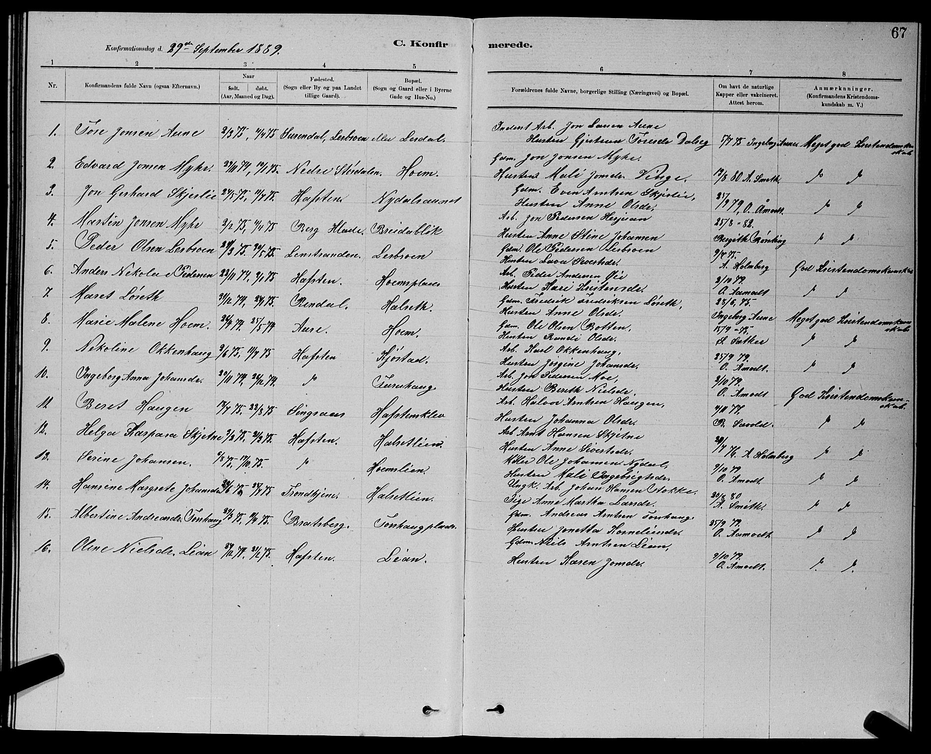 Ministerialprotokoller, klokkerbøker og fødselsregistre - Sør-Trøndelag, AV/SAT-A-1456/611/L0354: Parish register (copy) no. 611C02, 1881-1896, p. 67