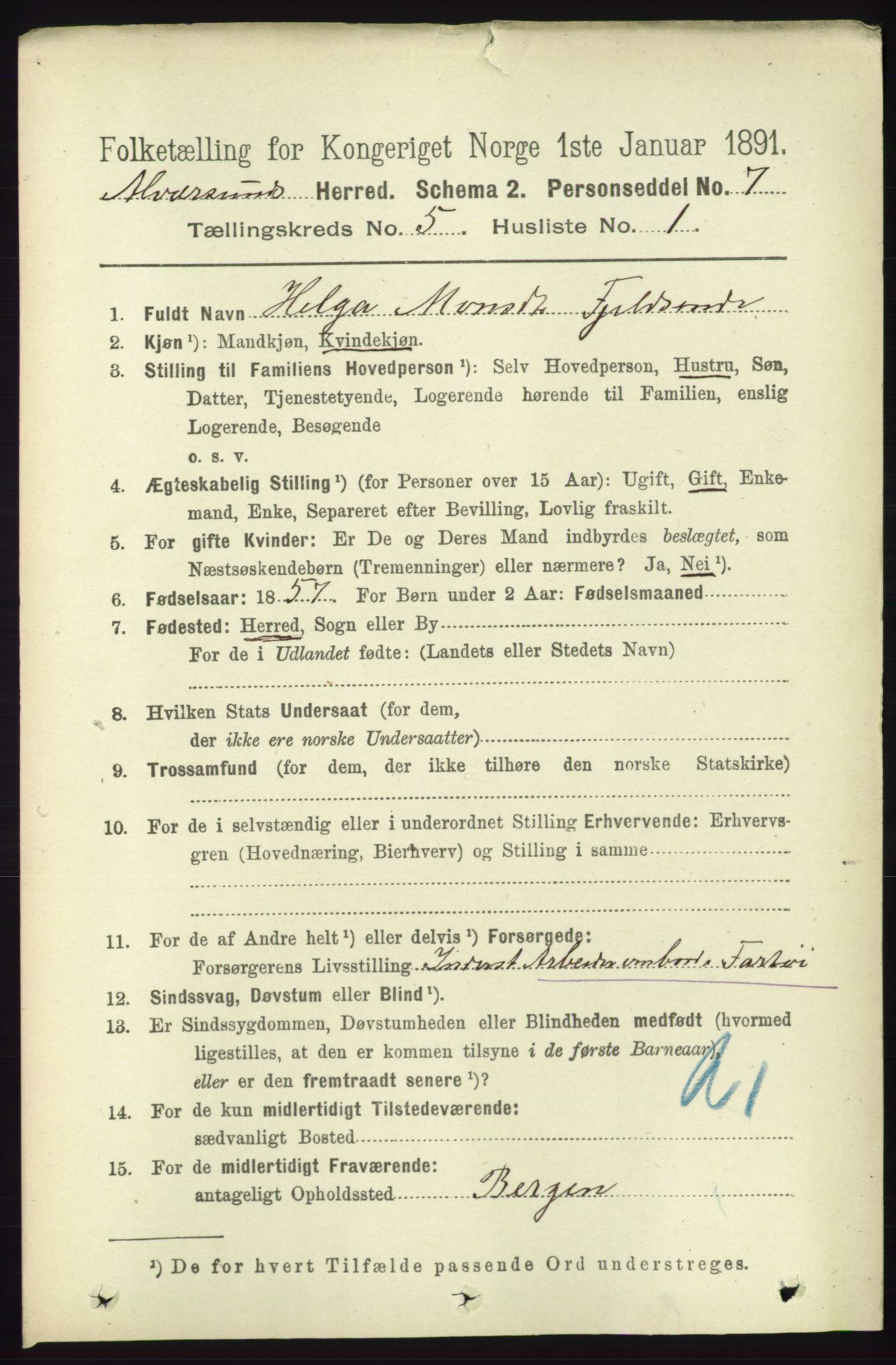 RA, 1891 census for 1257 Alversund, 1891, p. 1799