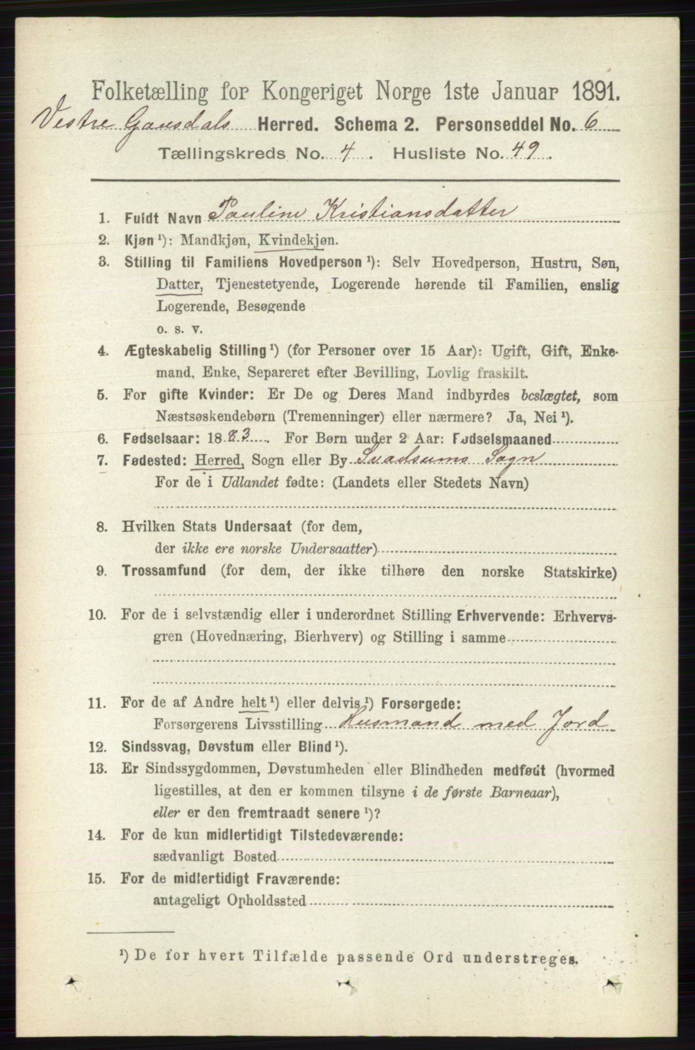 RA, 1891 census for 0523 Vestre Gausdal, 1891, p. 1985