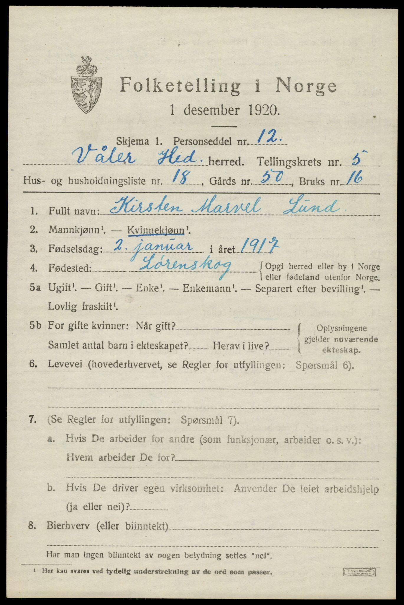 SAH, 1920 census for Våler (Hedmark), 1920, p. 5775