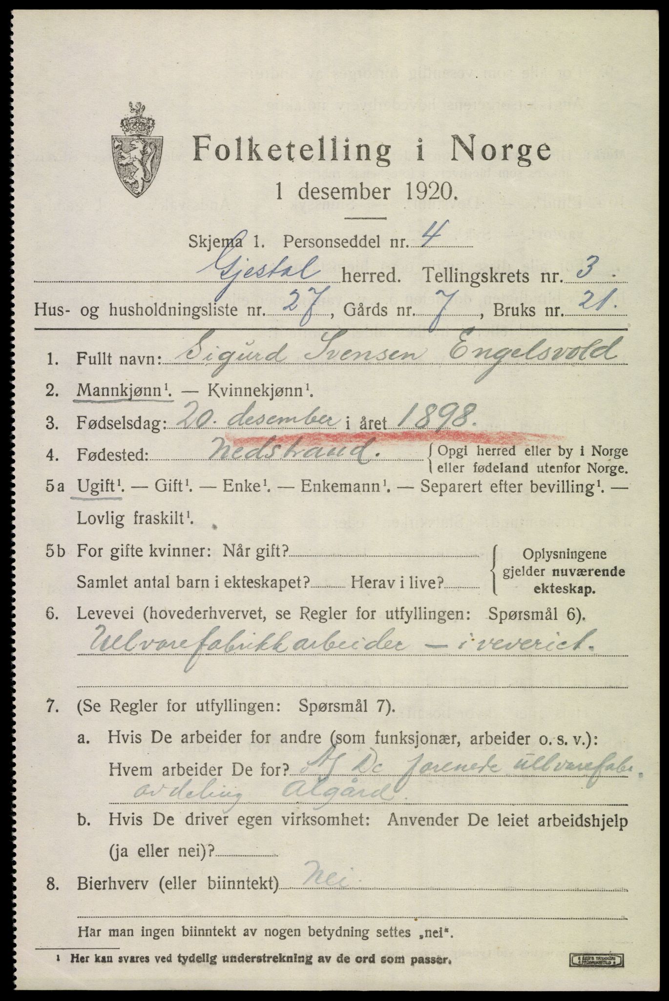 SAST, 1920 census for Gjesdal, 1920, p. 2524