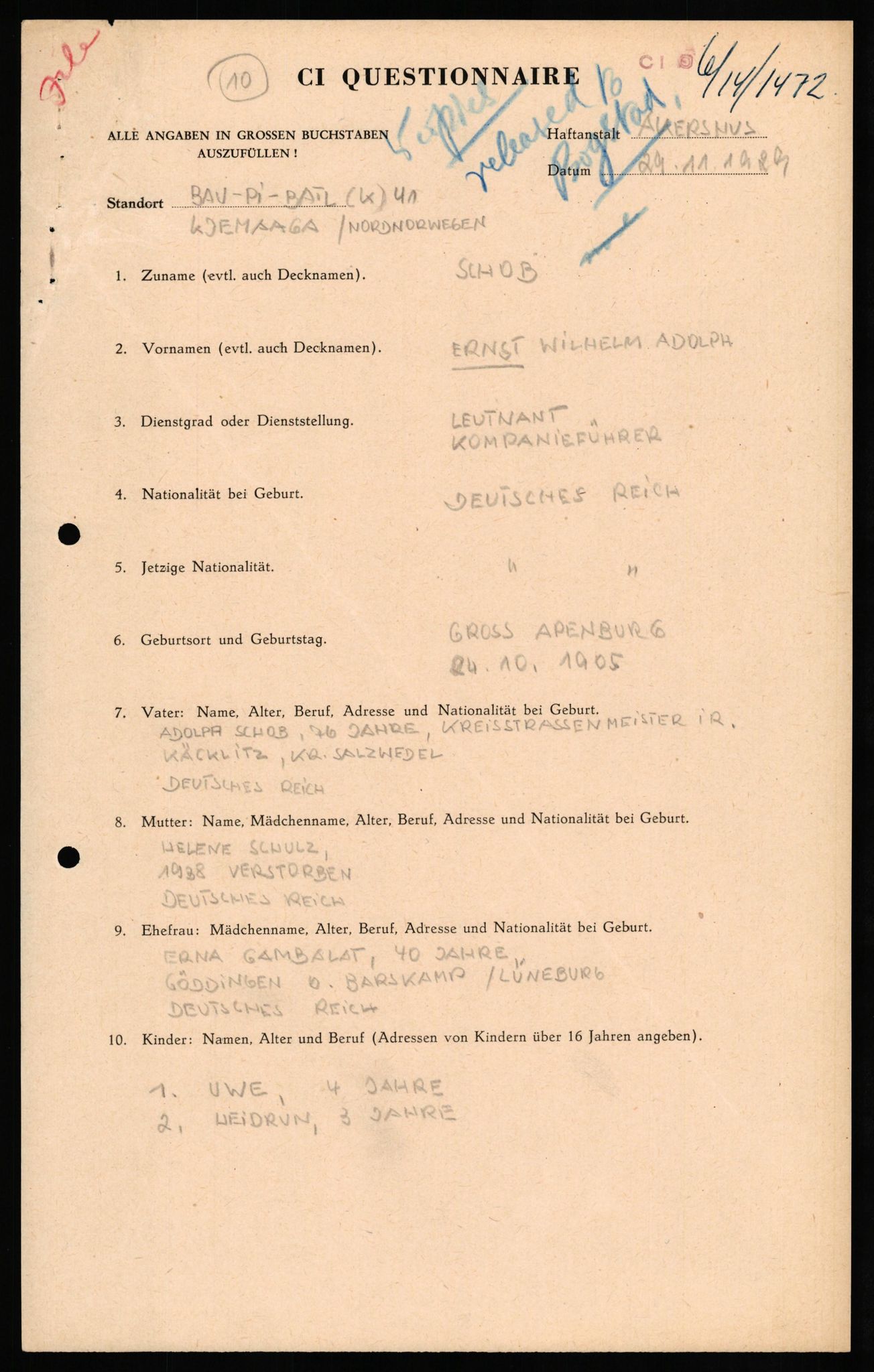 Forsvaret, Forsvarets overkommando II, AV/RA-RAFA-3915/D/Db/L0030: CI Questionaires. Tyske okkupasjonsstyrker i Norge. Tyskere., 1945-1946, p. 137