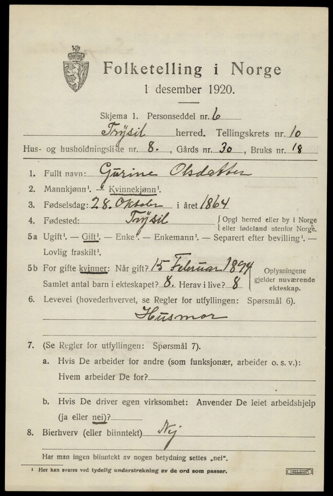 SAH, 1920 census for Trysil, 1920, p. 6953