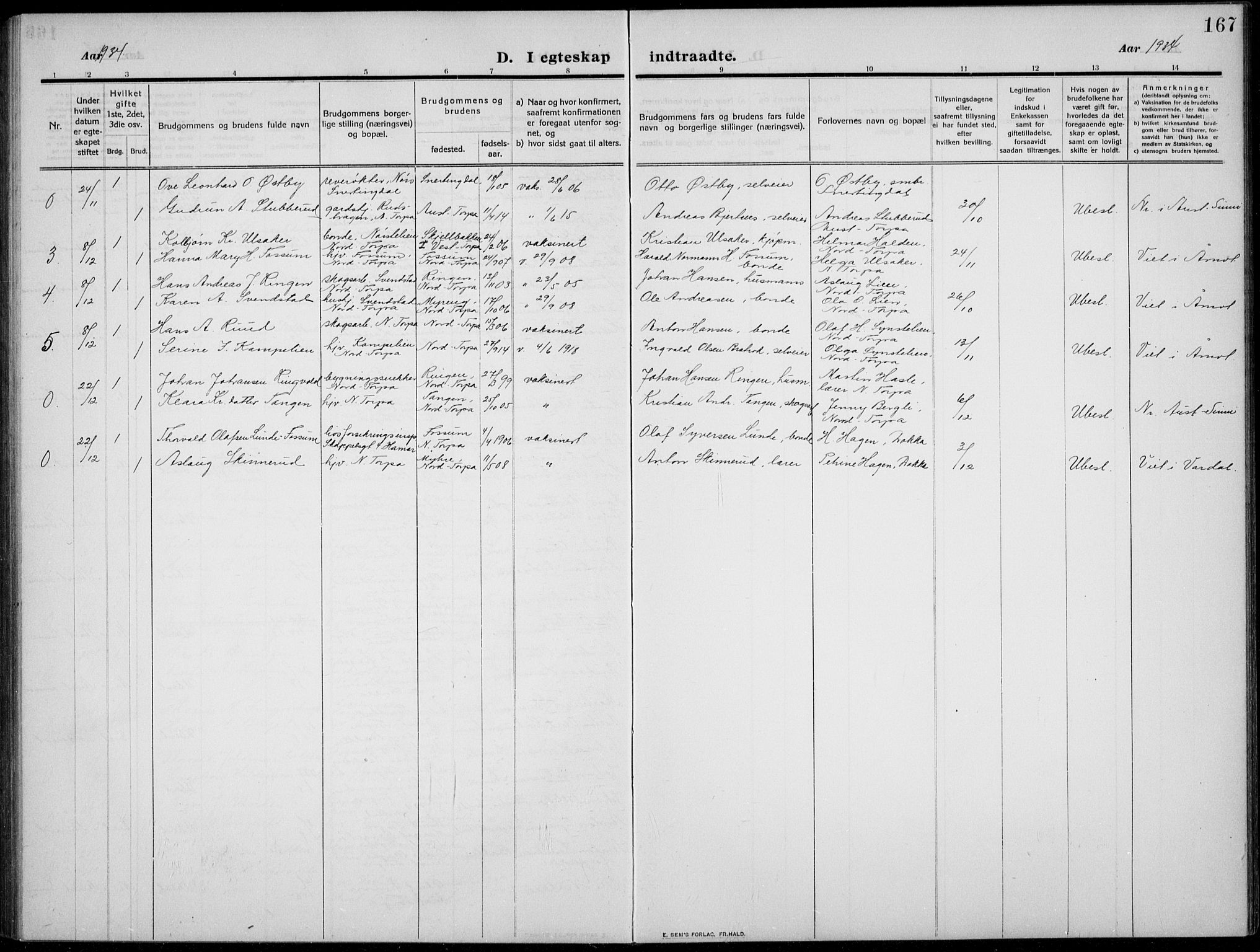 Nordre Land prestekontor, AV/SAH-PREST-124/H/Ha/Hab/L0002: Parish register (copy) no. 2, 1909-1934, p. 167