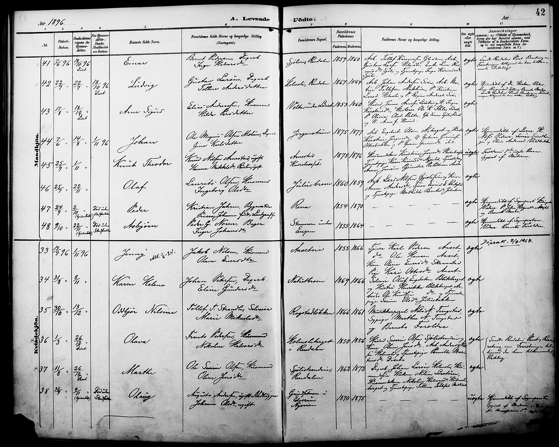 Åmot prestekontor, Hedmark, AV/SAH-PREST-056/H/Ha/Haa/L0011: Parish register (official) no. 11, 1890-1897, p. 42