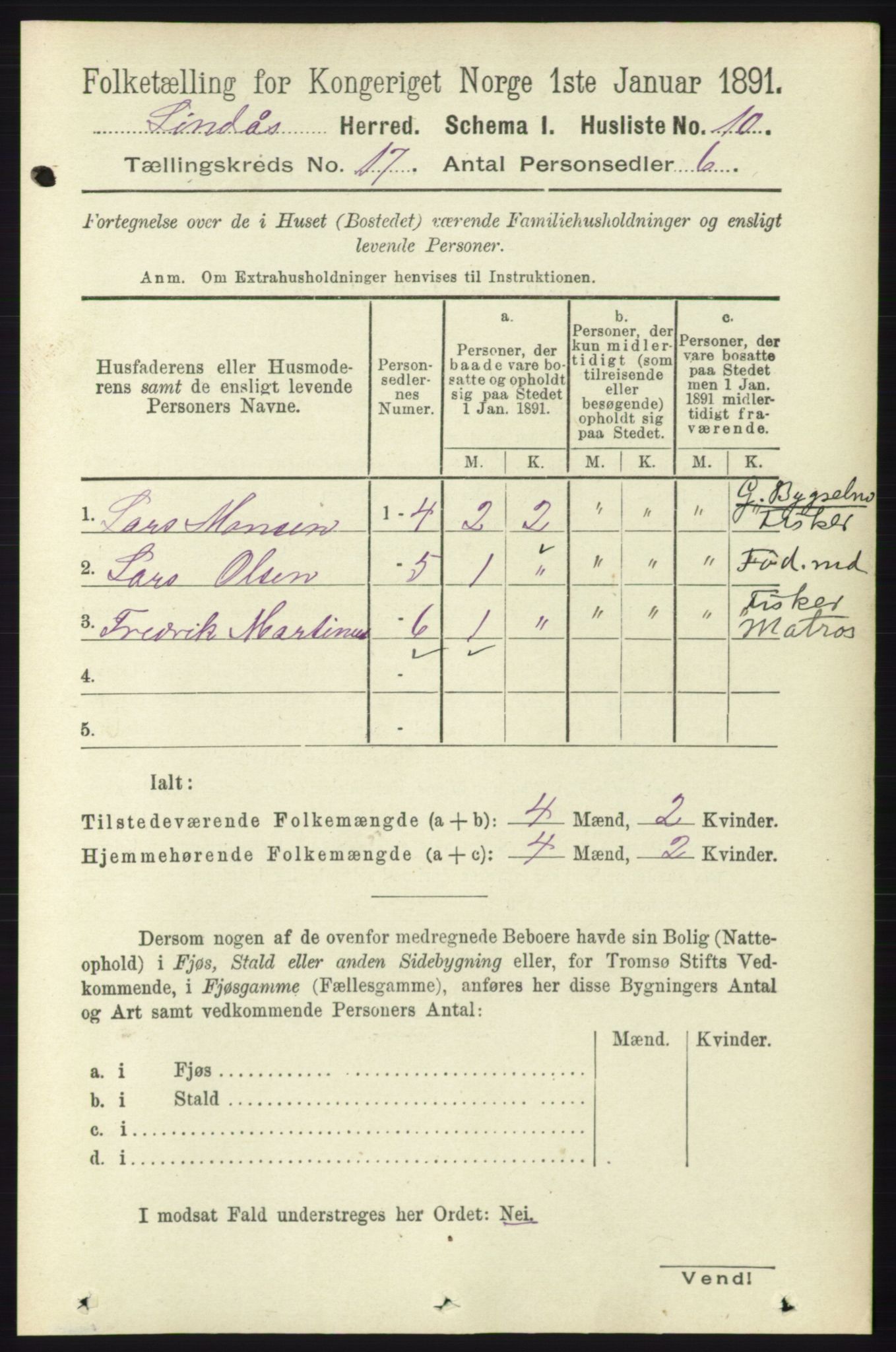 RA, 1891 census for 1263 Lindås, 1891, p. 6091