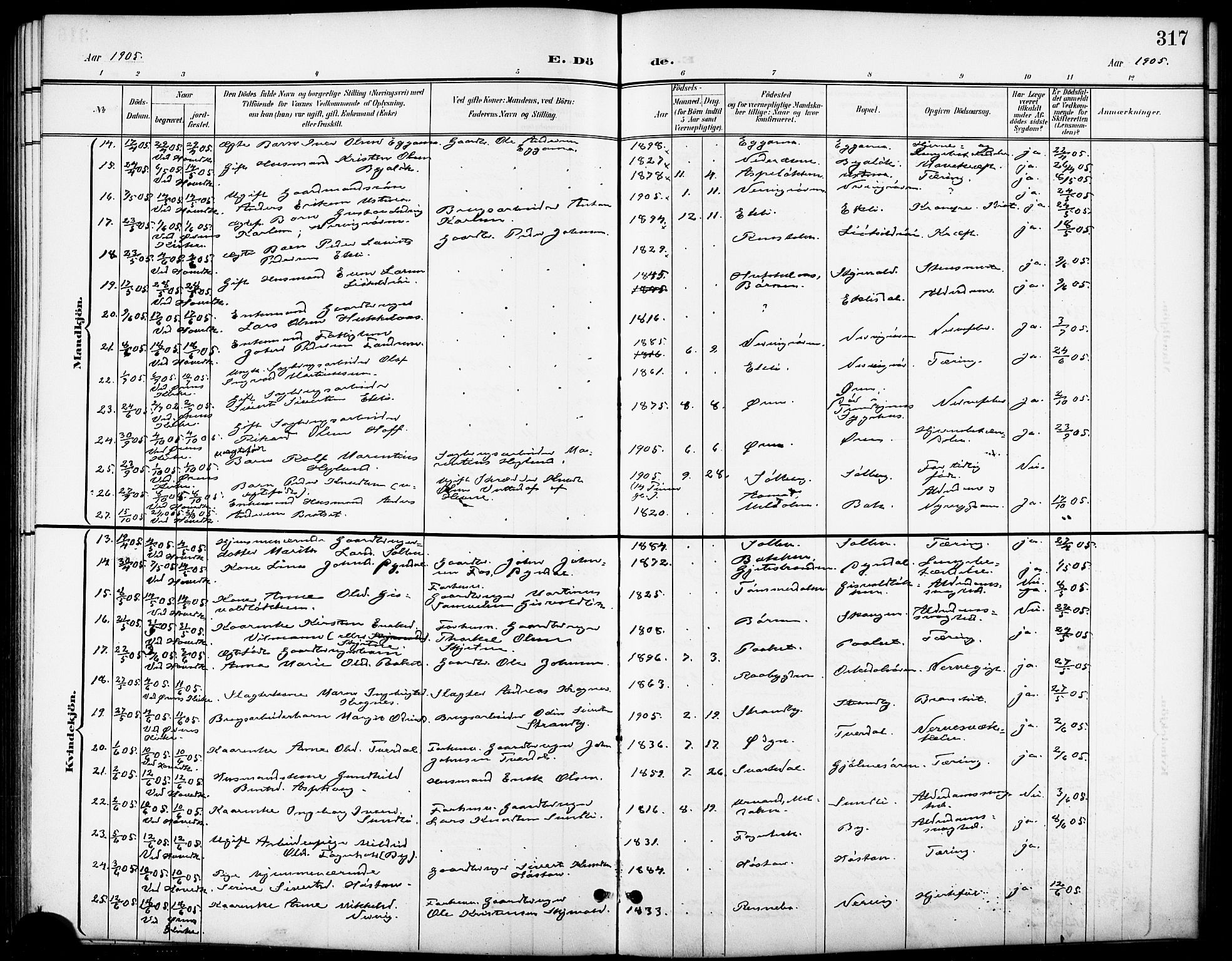 Ministerialprotokoller, klokkerbøker og fødselsregistre - Sør-Trøndelag, SAT/A-1456/668/L0819: Parish register (copy) no. 668C08, 1899-1912, p. 317