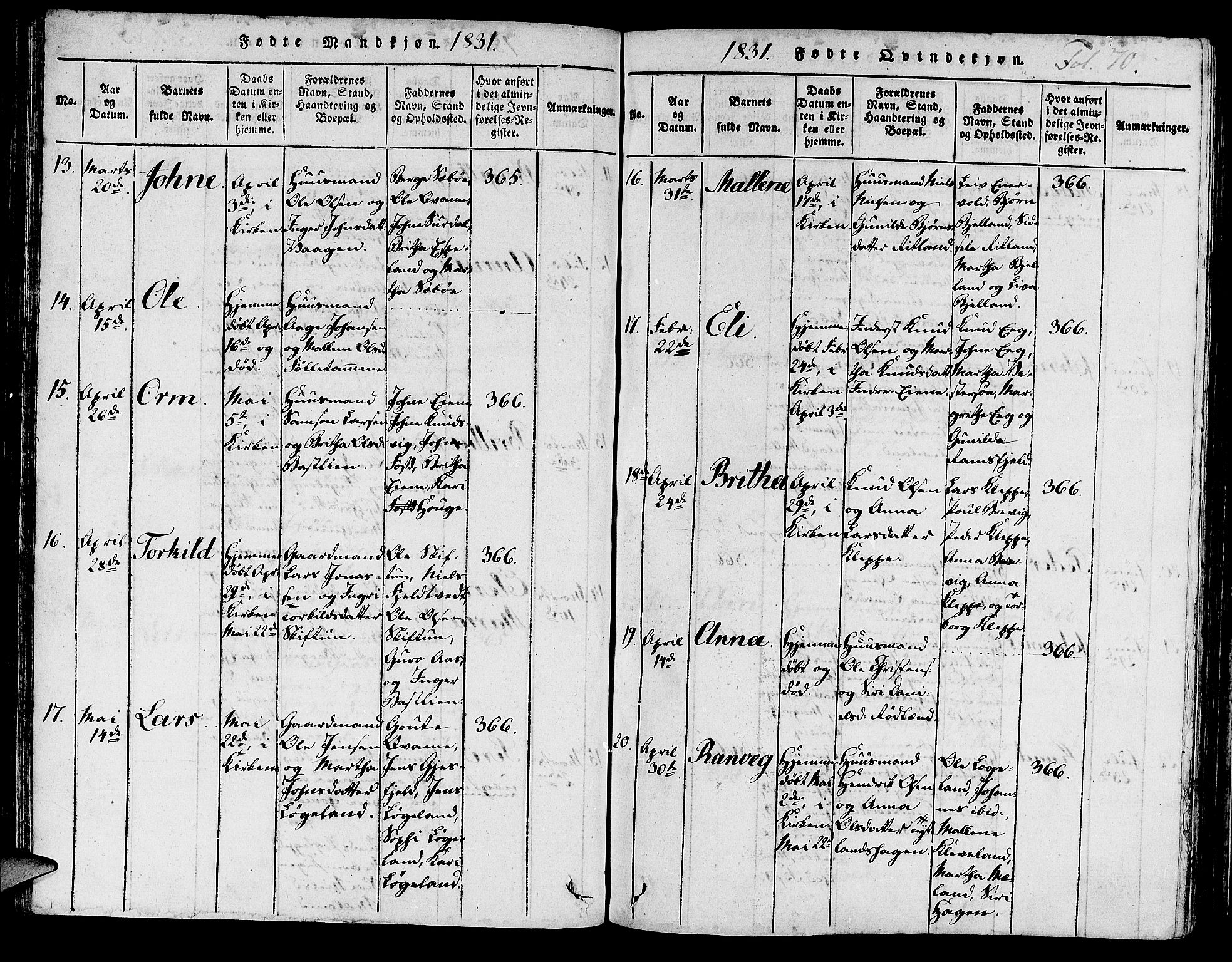 Hjelmeland sokneprestkontor, AV/SAST-A-101843/01/IV/L0003: Parish register (official) no. A 3, 1816-1834, p. 70