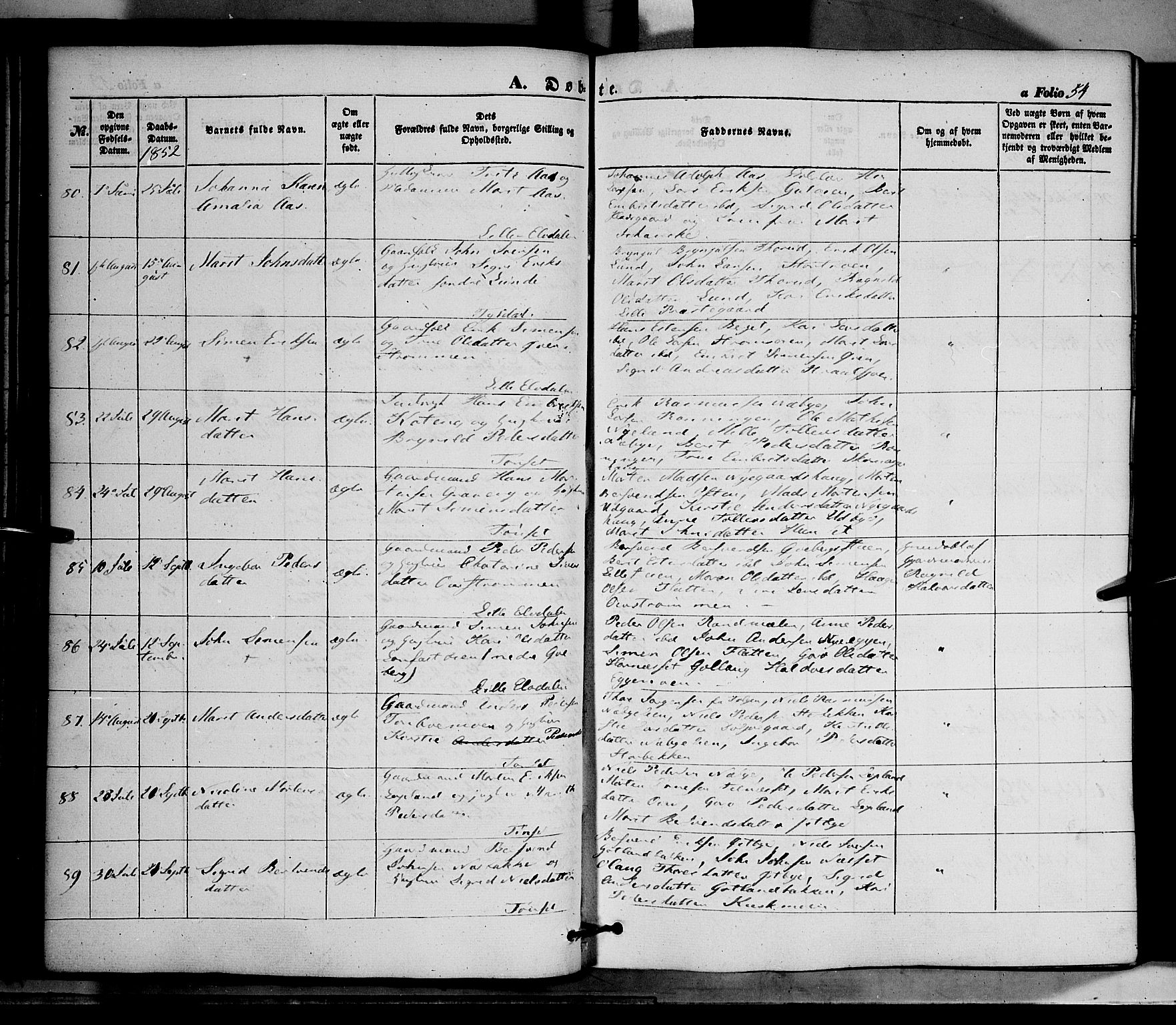 Tynset prestekontor, SAH/PREST-058/H/Ha/Haa/L0020: Parish register (official) no. 20, 1848-1862, p. 54