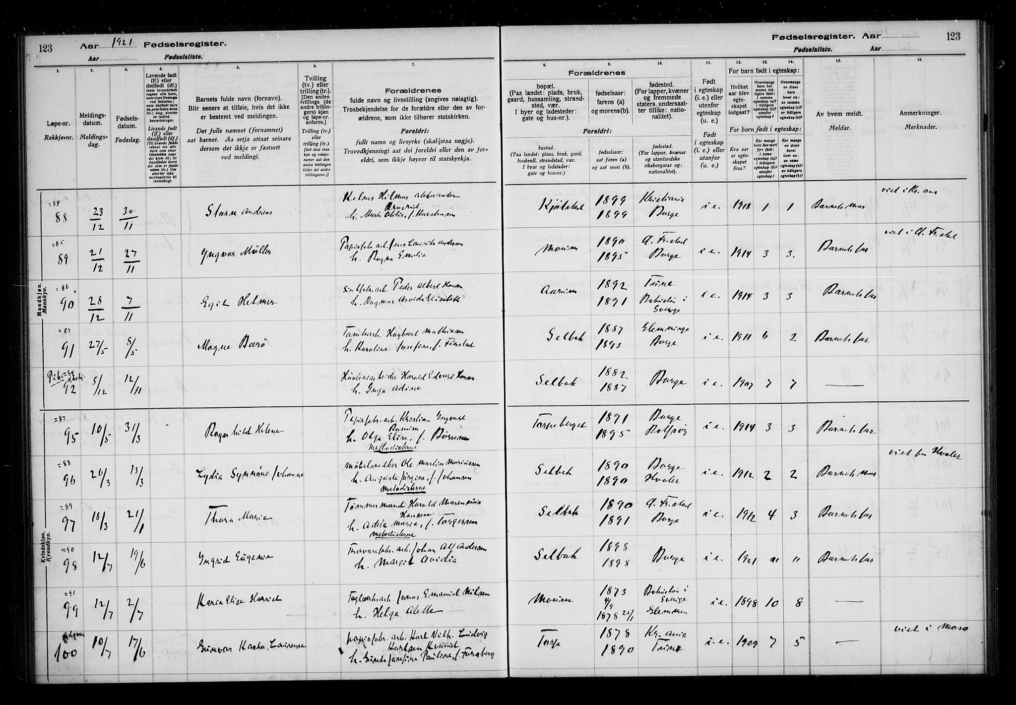 Borge prestekontor Kirkebøker, AV/SAO-A-10903/J/Ja/L0001: Birth register no. I 1, 1916-1925, p. 123